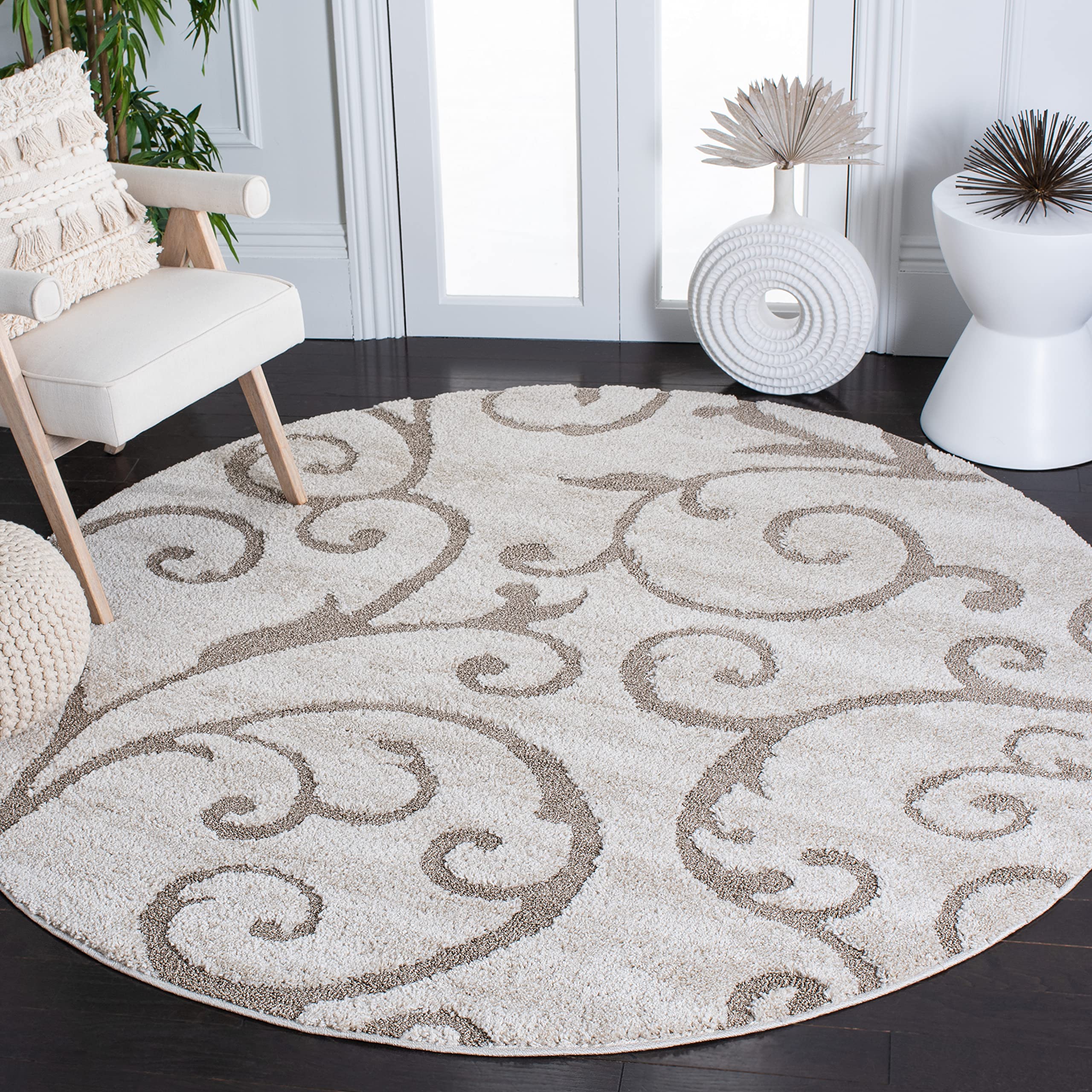 SAFAVIEH Florida Shag Collection Area Rug - 5' Round, Ivory & Beige, Scroll Design, Non-Shedding & Easy to Clean, High-Low Plush Pile, Ideal for Living Room, Bedroom, Dining Space (SG455-13LT) Image