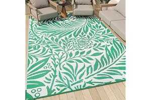 HUGEAR Reversible Plastic Mats, 5'×8' Outdoor Carpet,Indoor/Outdoor Area Rug, Green White Patio Decor Rugs,Washable Rugs,RV, Backyard, Deck, Picnic, Beach,Camping(5x8ft,Jungle/Green&White)