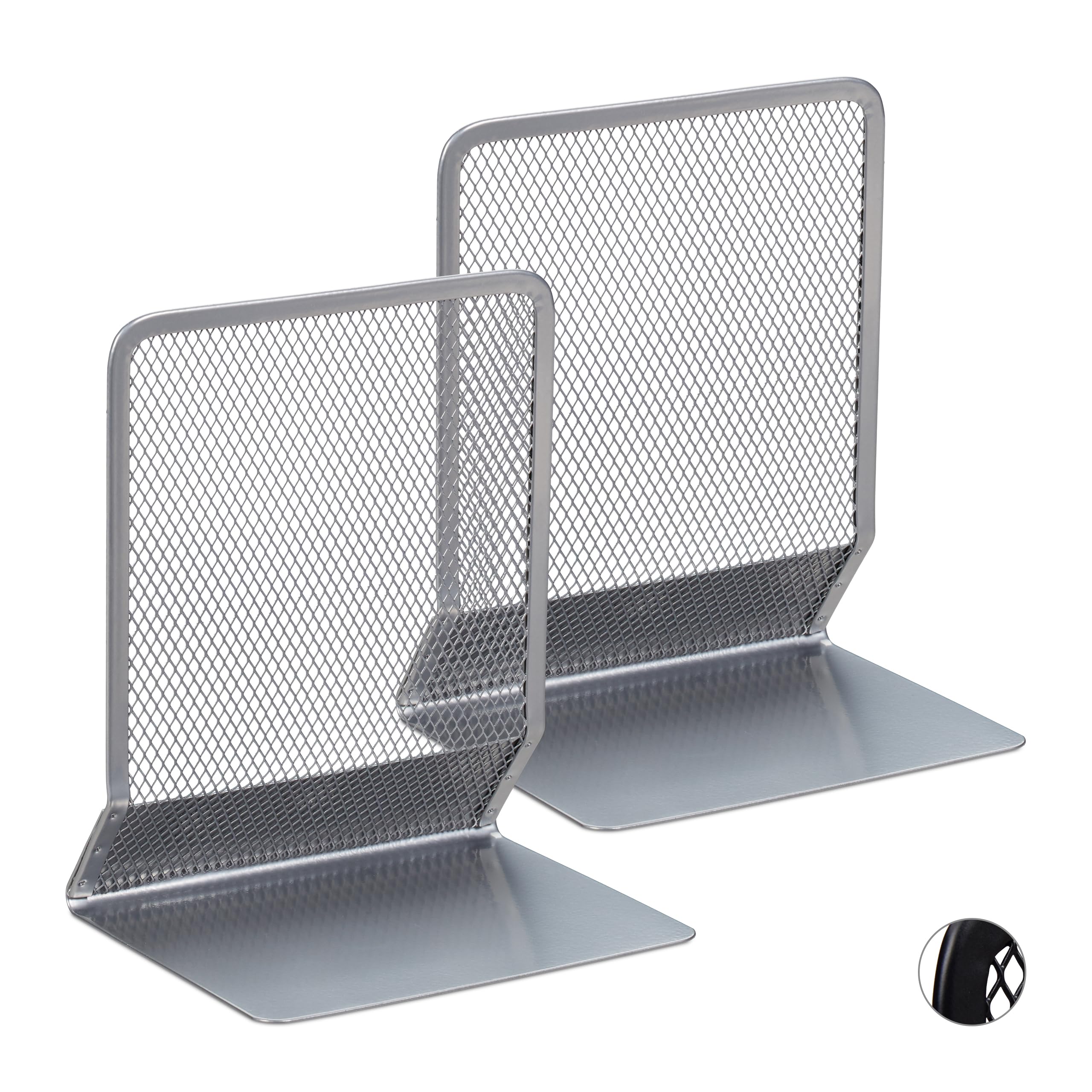 Relaxdays Bookend, Set of 2, Stands for Books, DVDs, Magazines etc., Book Support HxWxD: app. 16.5 x 13 x 10.5 cm, Silver