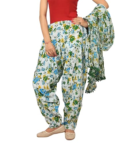 Women's Cotton White,Green and Blue Floral Print Patiala Dupatta Set.