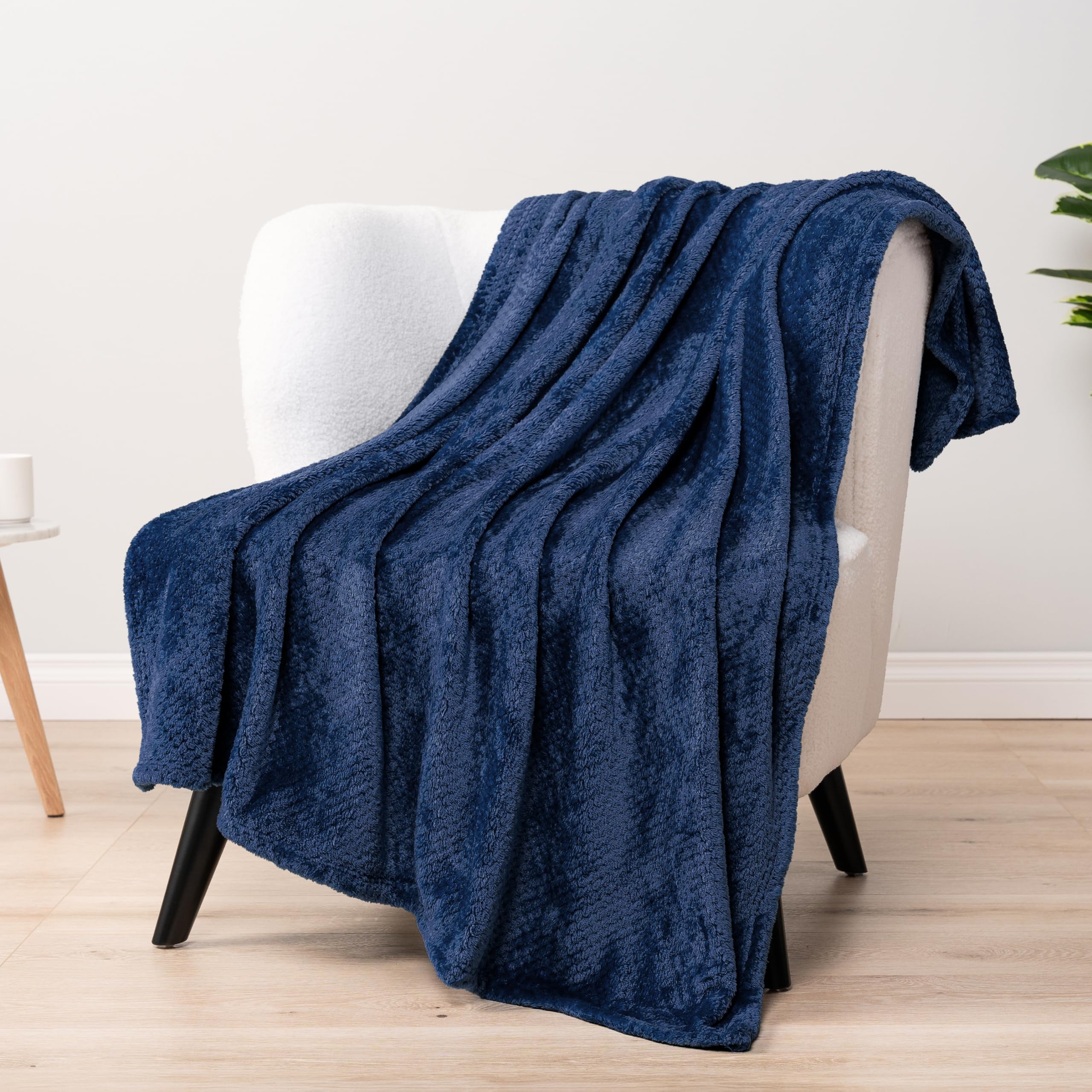 Photo 1 of PAVILIA Navy Blue Throw Blanket for Couch Bed, Soft Fleece Throws for Sofa Chair, Fuzzy Waffle Textured Blanket, Cozy Warm Lightweight All Season Blanket Throw, 50x60