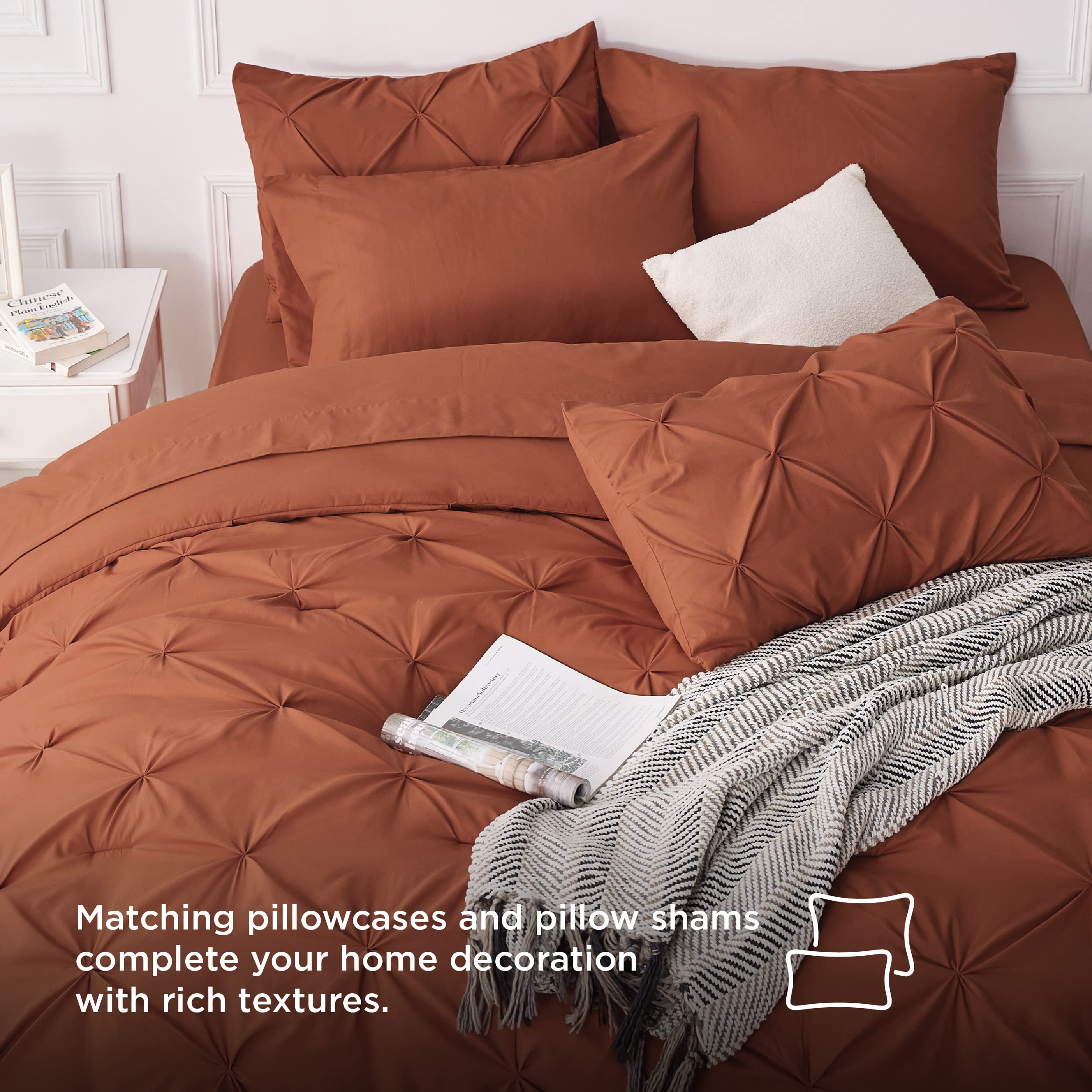 Bedsure California King Comforter Set Burnt Orange - Bed in a Bag California King Size 7 Pieces, GentleSoft™ Pintuck Bed Set Gift for Family, Pinch Pleat Comforter with Sheets, Pillowcases & Shams