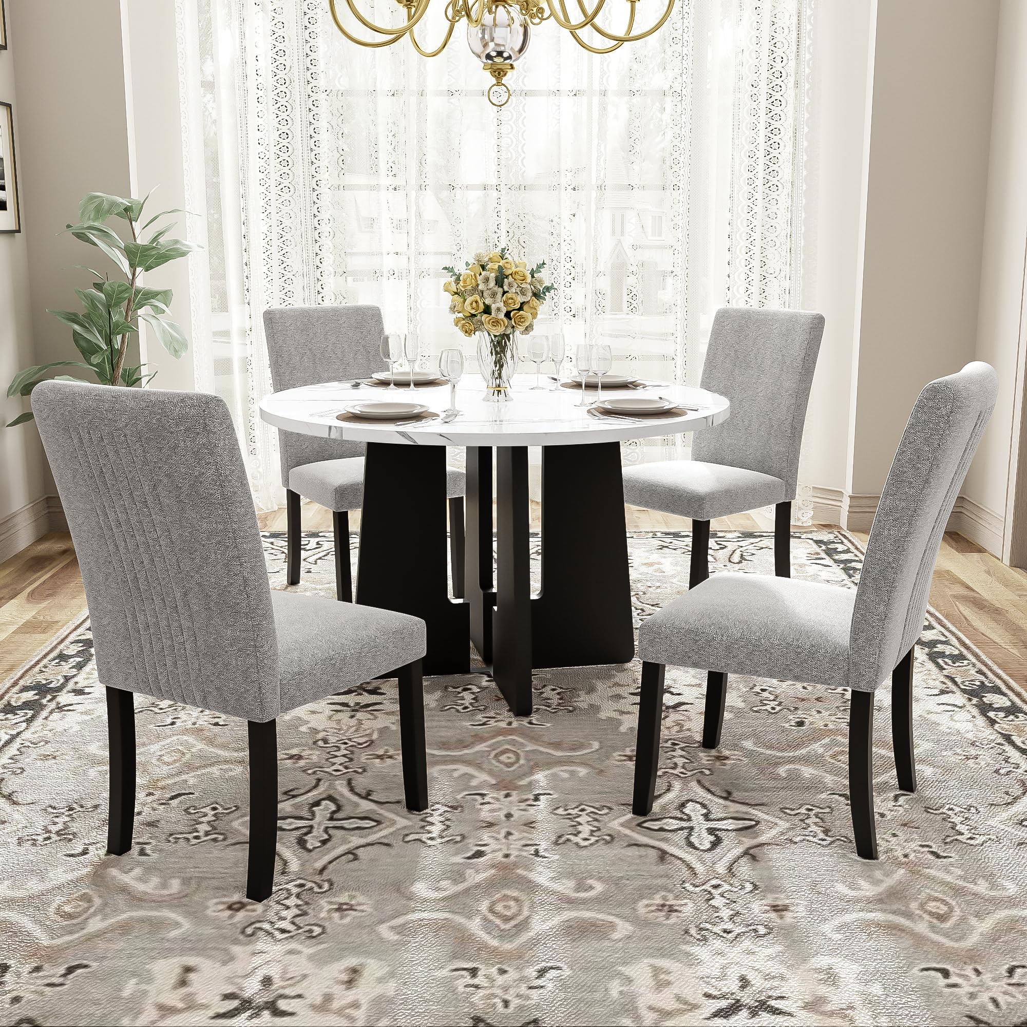 Photo 1 of Merax 5-Piece Round Dining Table Set, Modern 4 Upholstered Chairs for Living,Kitchen Room, 43 Inch, White+Gray