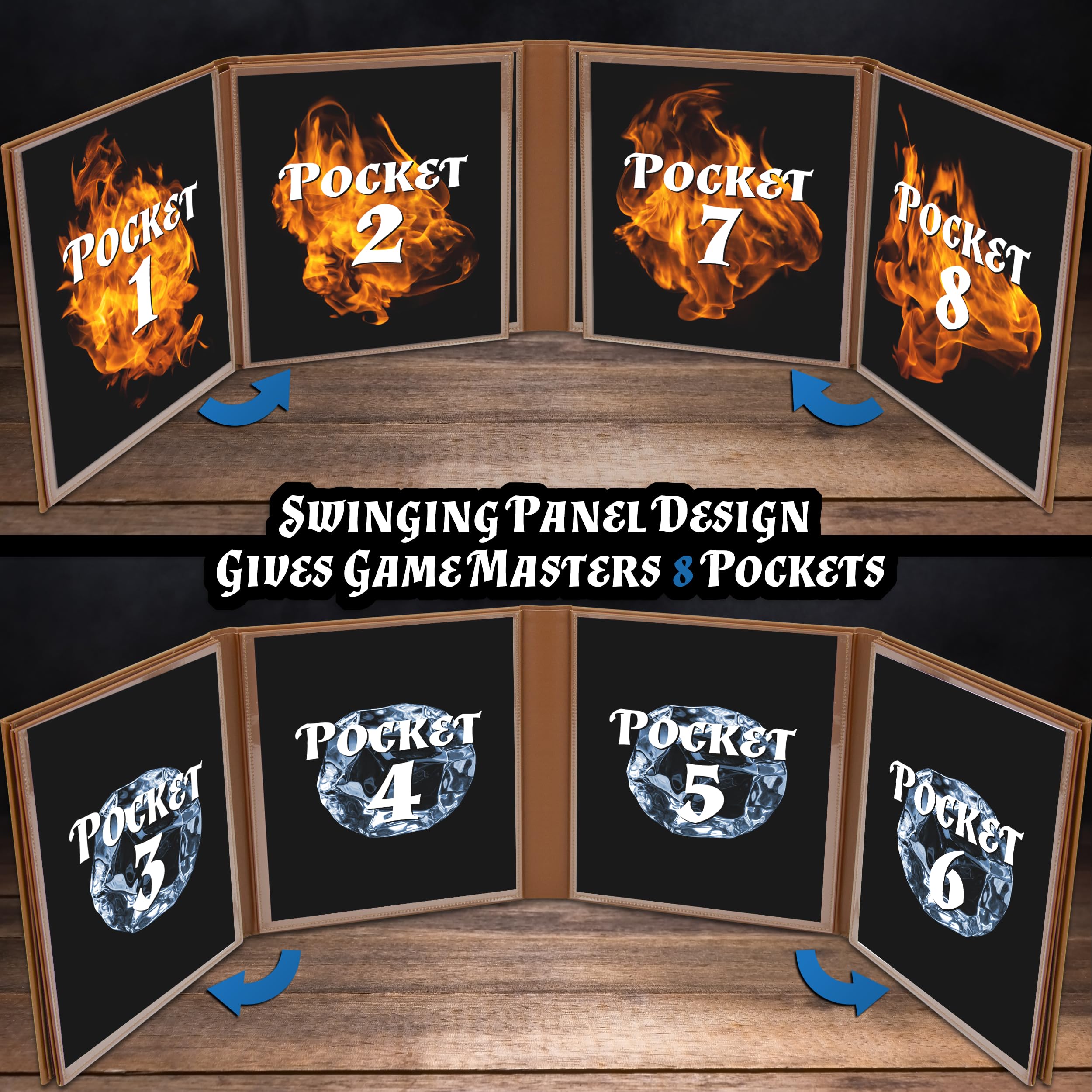 CASEMATIX DM Screen Faux Leather 8-Panel Deluxe GM Screen - Eight Panel Folding Dungeon Master Screen with 2 Swinging Panels and Wet Erase Pockets for TTRPGs, Inserts Not Included