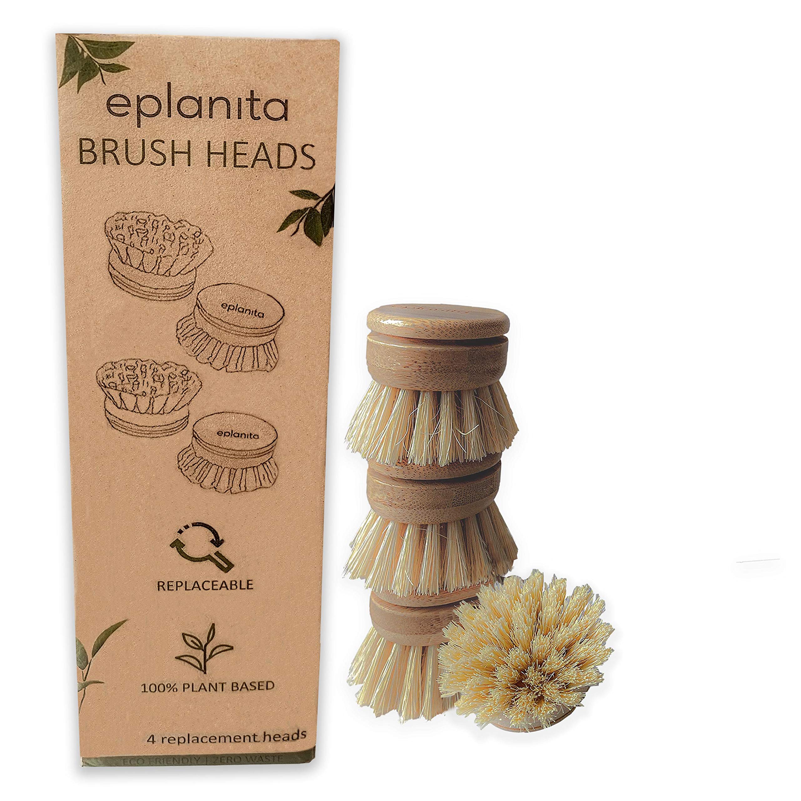 eplanita Replacement Brush Heads for Bamboo Dish Brush (Pack of 4), Sisal Bristle Refills, Agave Cactus Fibres, Kitchen Eco Scrubber, Plastic Free Washing Up, Zero Waste Cleaning