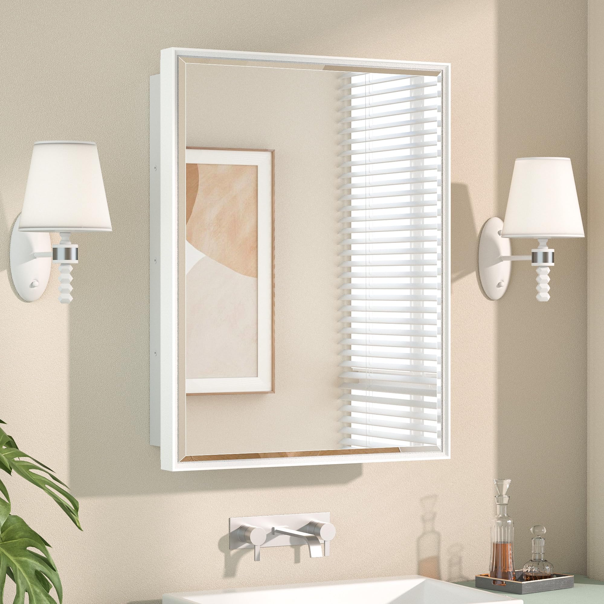 Photo 1 of Keonjinn 21" x 27" White Medicine Cabinets for Bathroom with Mirror, Recessed or Surface Wall-Mounted Aluminum Alloy Framed Beveled Mirror, Single Door Farmhouse Bathroom Mirror with Storage Cabinet One of the mirrors is broken has pitched. This item is d