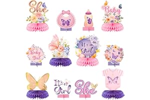 JAPBOR 12pcs Butterfly Baby Shower Party Honeycomb Table Centerpieces, It's a Girl Purple and Pink Decorations for Baby Girl Gender Reveal Party, Birthday Floral Butterflies Table Toppers