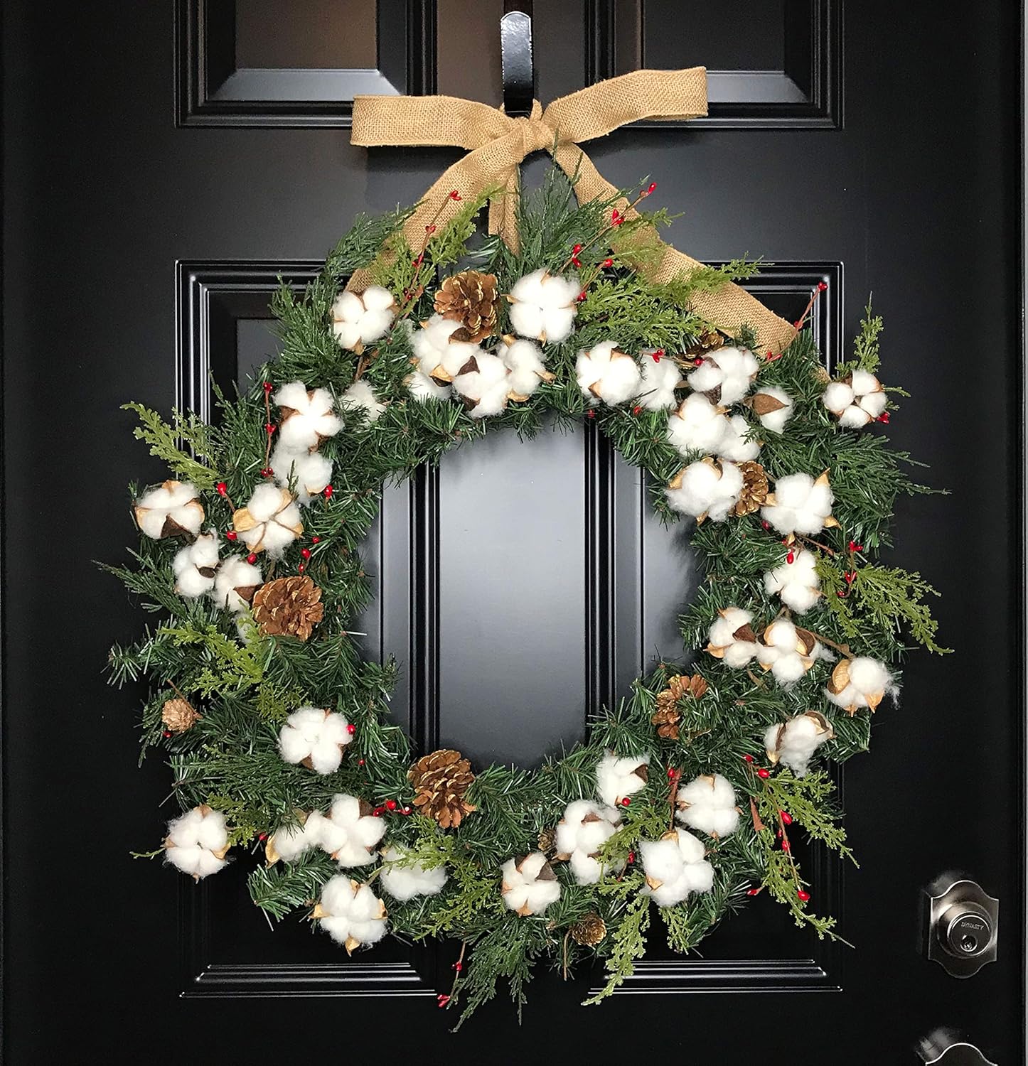 Amazon Com Large Rustic Farmhouse Cotton Christmas Wreath With Burlap Bow For Winter Front Door Modern Farmhouse Holiday Home Decor Accent Piece Handmade 26 Inch Handmade