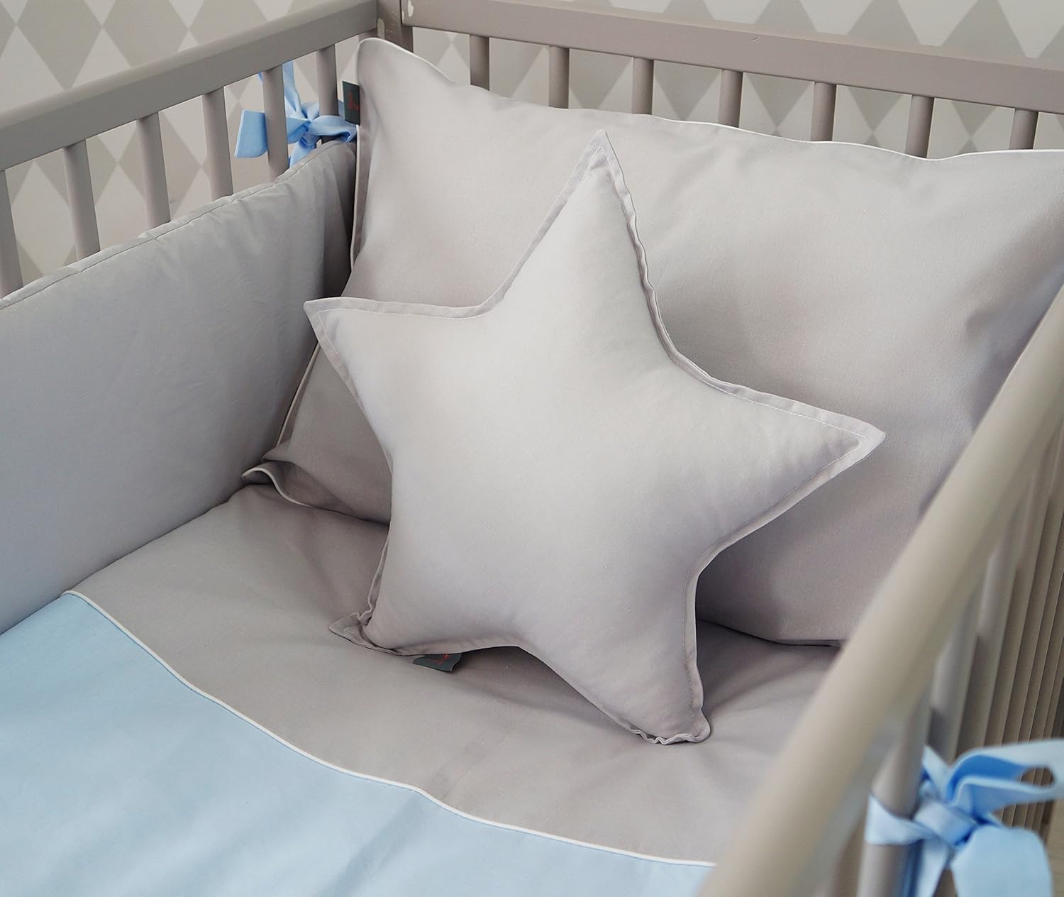 grey and blue cot bedding