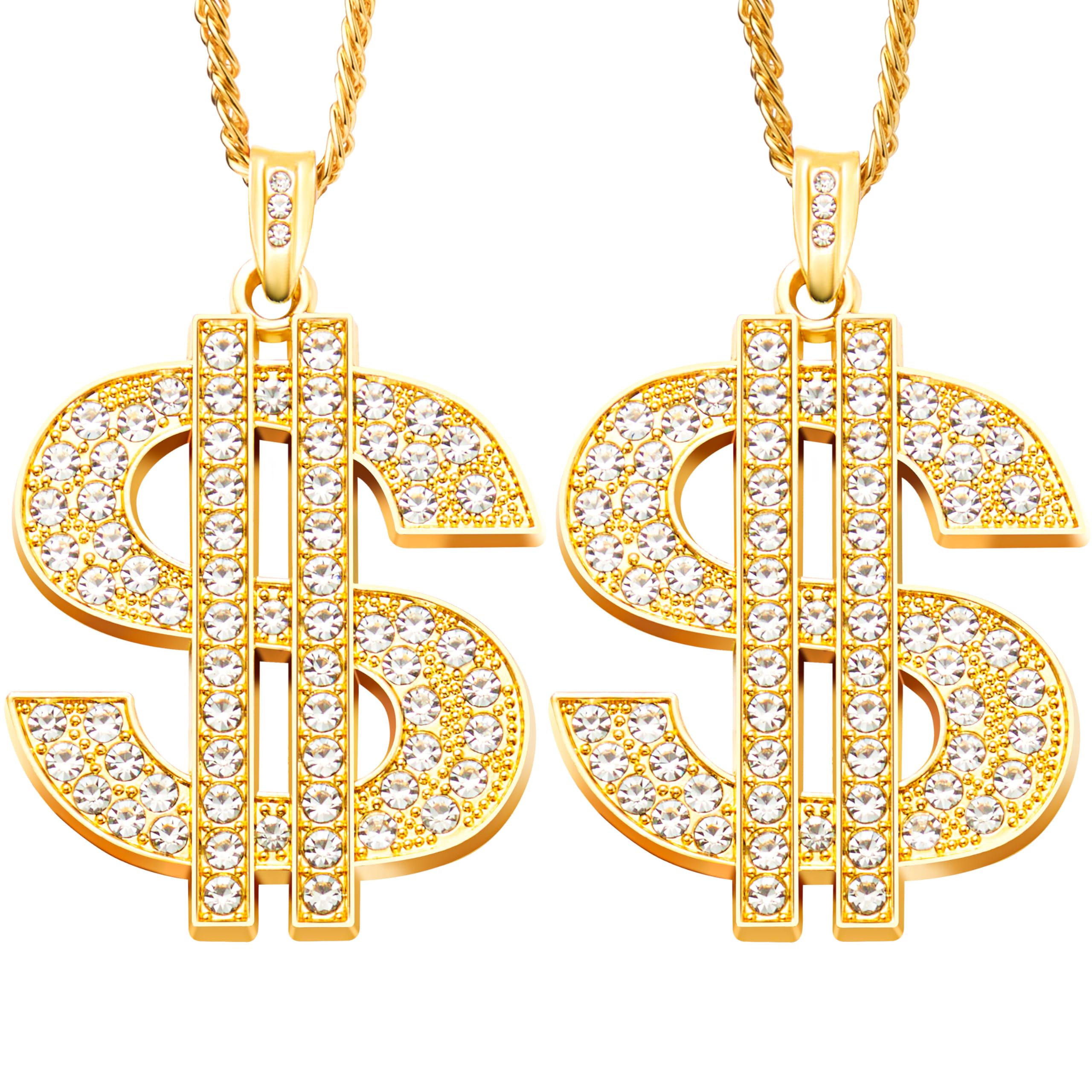 Spooktacular Creations 2 pcs Gold Dollar Chains Necklaces, Money Pendant Chain Hip Hop Dollar Sign Necklace Jewelry Halloween Accessory for Men Women Dress Up Party