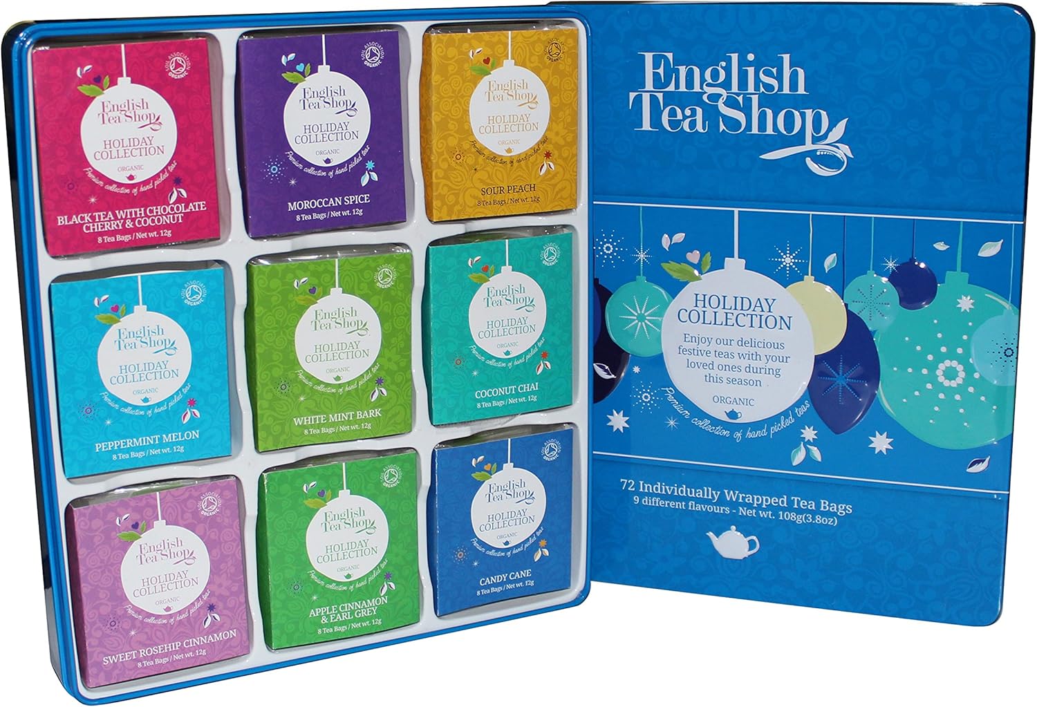 English Tea Shop Organic Holiday Blue Baubles Tin (Pack of 72 Tea Bags