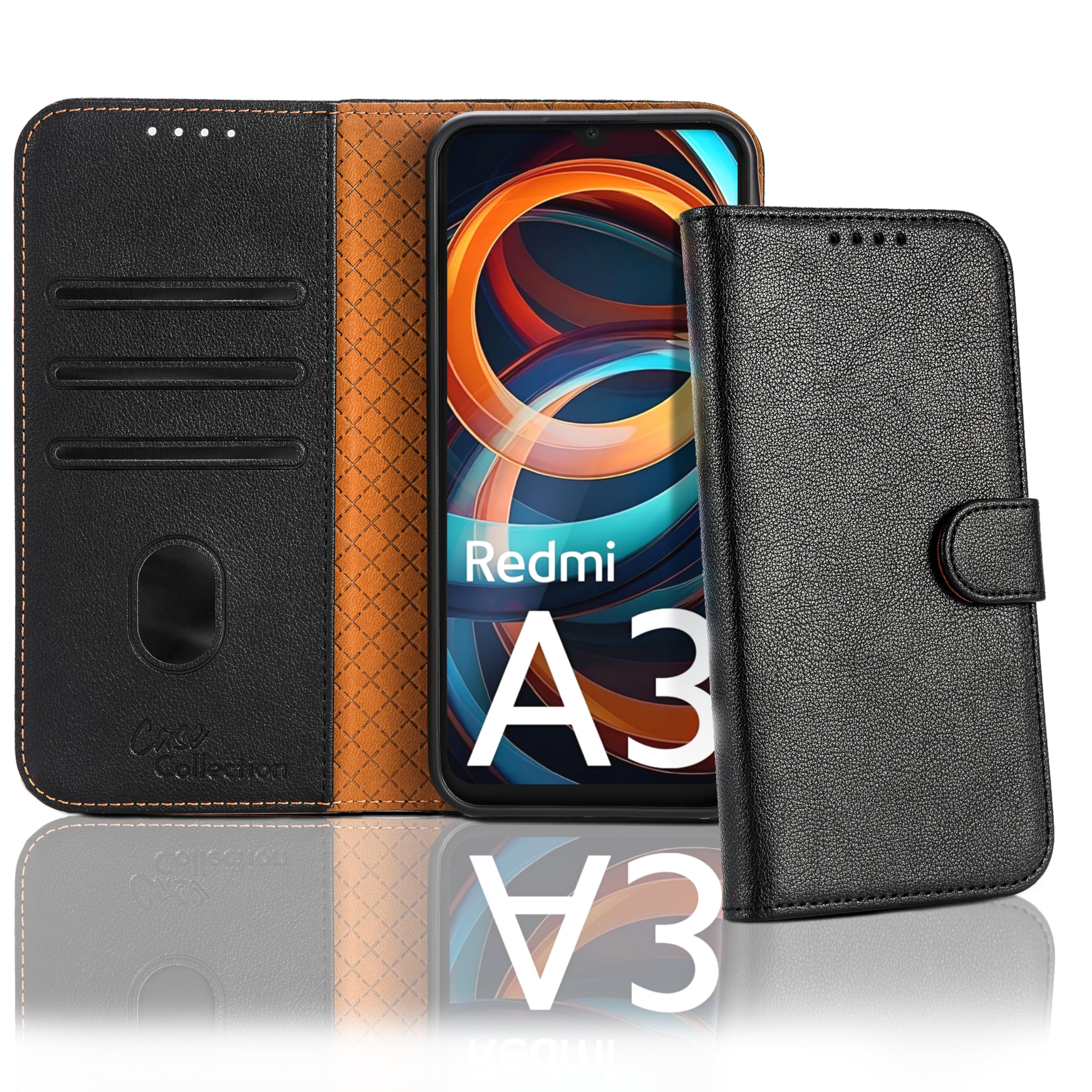 Case Collection for Xiaomi Redmi A3 Phone Case - Leather Folio Flip Kickstand Shockproof Cover with RFID Blocking Card Slots Wallet for Redmi A3 Case Black