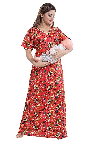 Women's Cotton Printed Feeding/Maternity/Nursing Nighty V Pattern