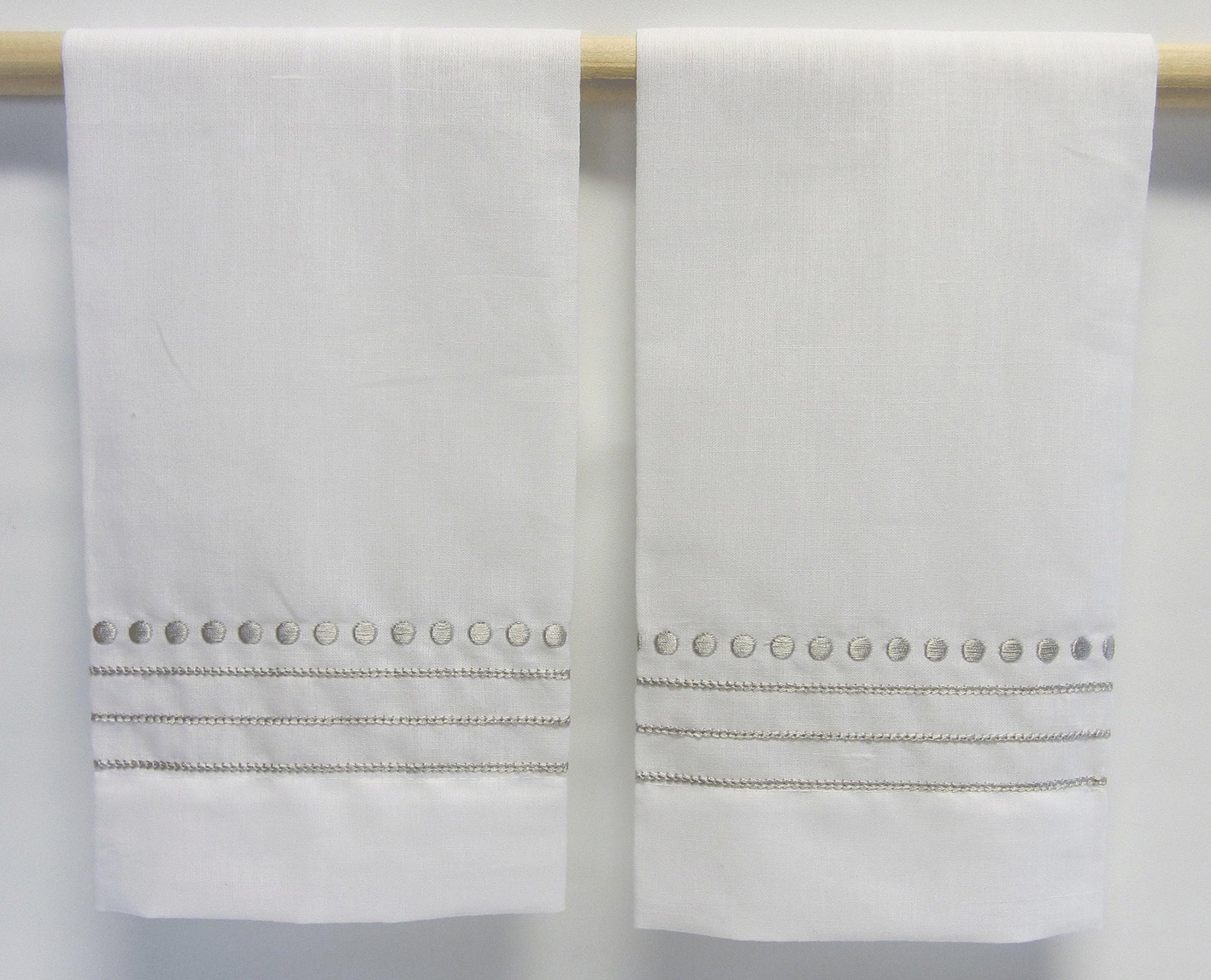 Saro Taupe Dotted and Striped Border White Hand Towels (set of 2)