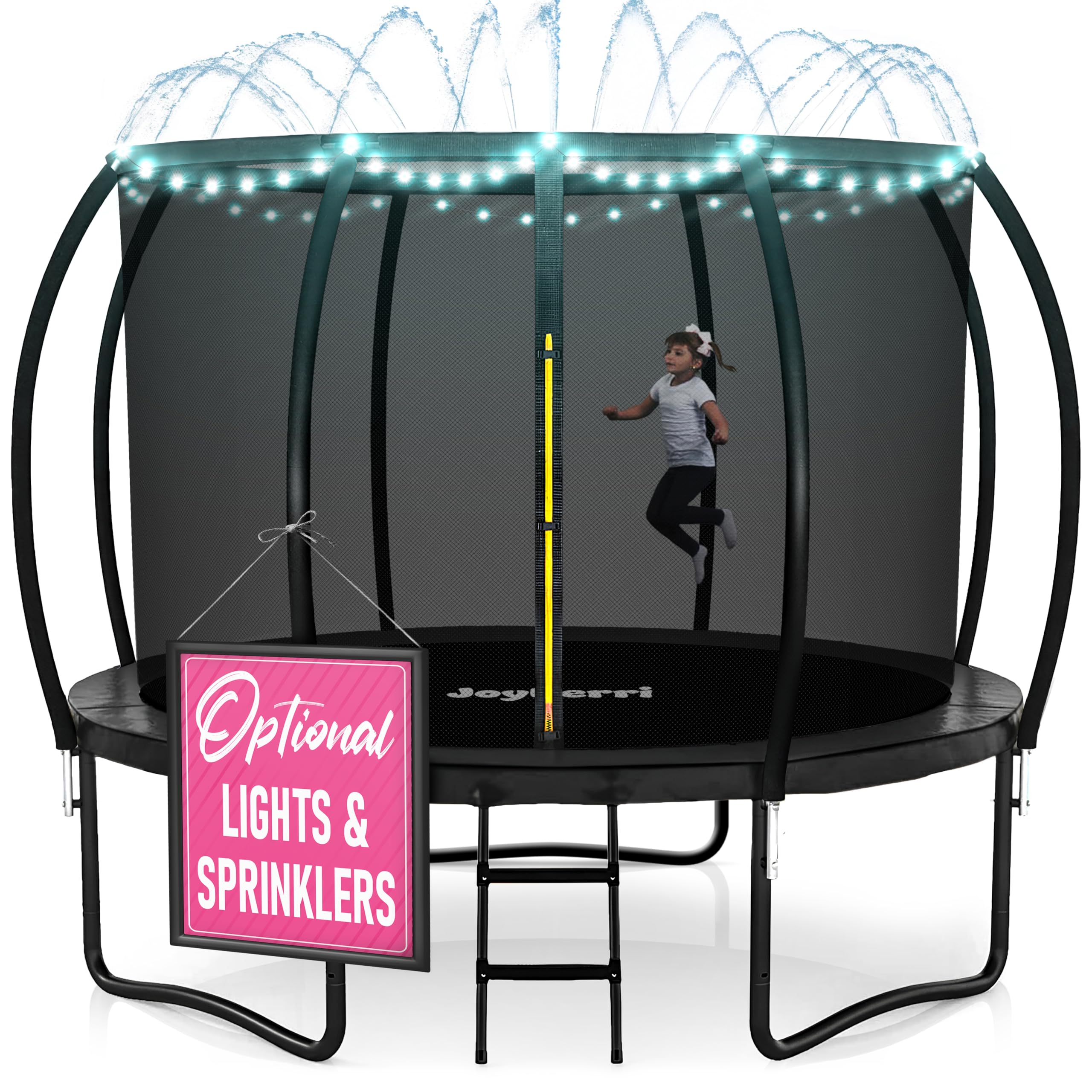 JoyBerri Upsurge Trampoline Outdoor - ASTM Certified Safe 8Ft 10Ft 12Ft 14Ft 15Ft 16Ft Recreational Trampoline for Kids and Adults. Anti-Rust Coating with Enclosure Net, Ladder, Sprinkler & LED Lights Image