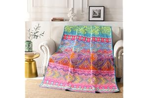 Qucover Quilt Throw Blanket - Lightweight Microfiber Pink and Blue Striped Floral Boho Quilts, Reversible Bohemian Quilt Bed Spread for Twin Bed and Couch, 59” x 79”