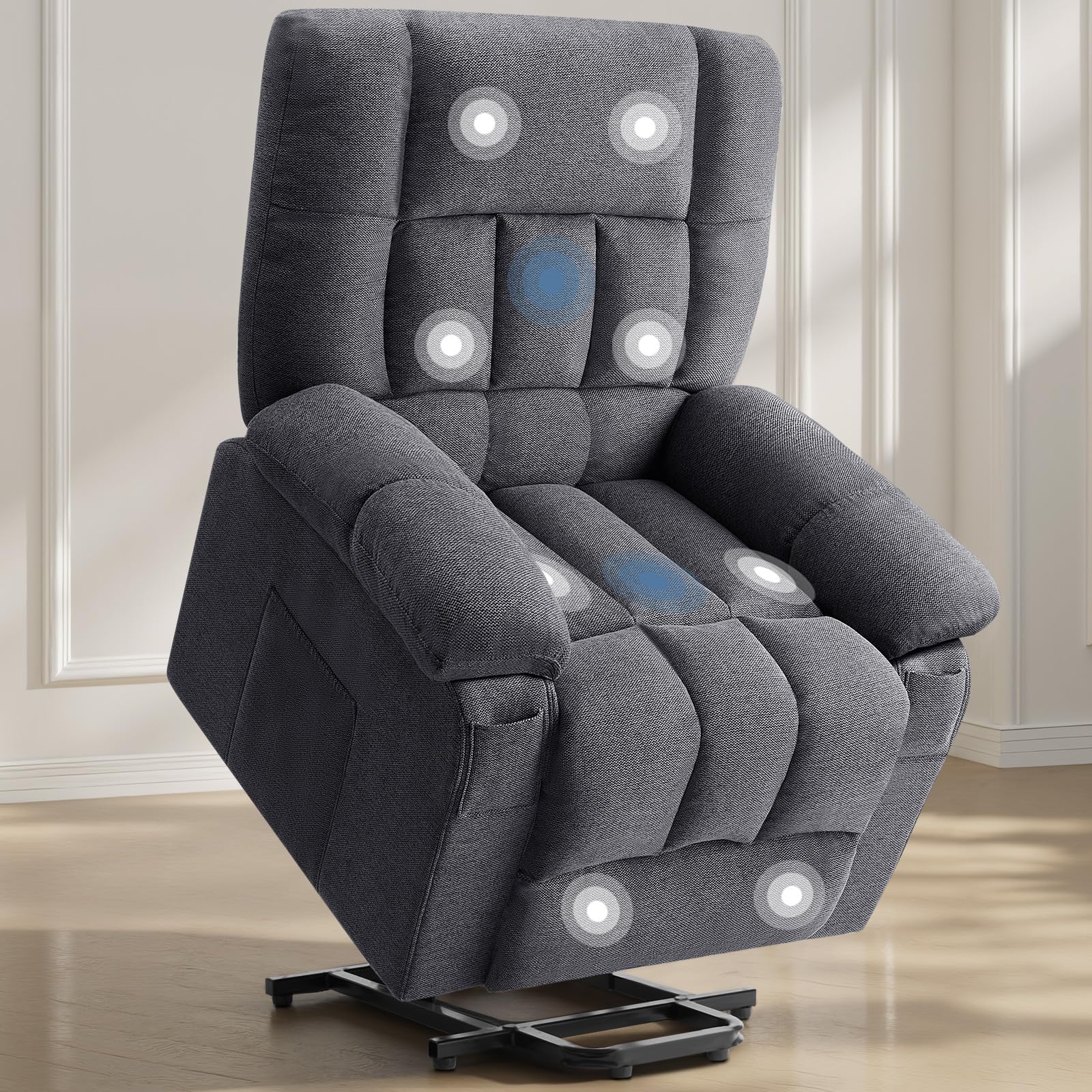 DUMOS Power Lift Recliner Chair with Vibration Massage and Heat for Elderly, Ergonomic Overstuffed Breathable Fabric Reclining Chair with 3 Pockets, Remote Control, Living Room, Bedroom, Grey