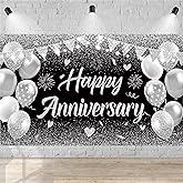 Black Silver Happy Wedding Anniversary Banner for 5 10 15 20 25 30 40 50 for Couple, Happy Anniversary Decorations, Surprise for Parents Cheers to Wedding Supplies 71x43in