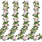 Sggvecsy 4Pcs 31Ft Artificial Rose Vine Fake Flower Garland Floral Garland Faux Silk Hanging Vine Rose Ivy Vines for Wedding Arch Party Wall Garden Ceremony Background Outdoor Decor (Pink)