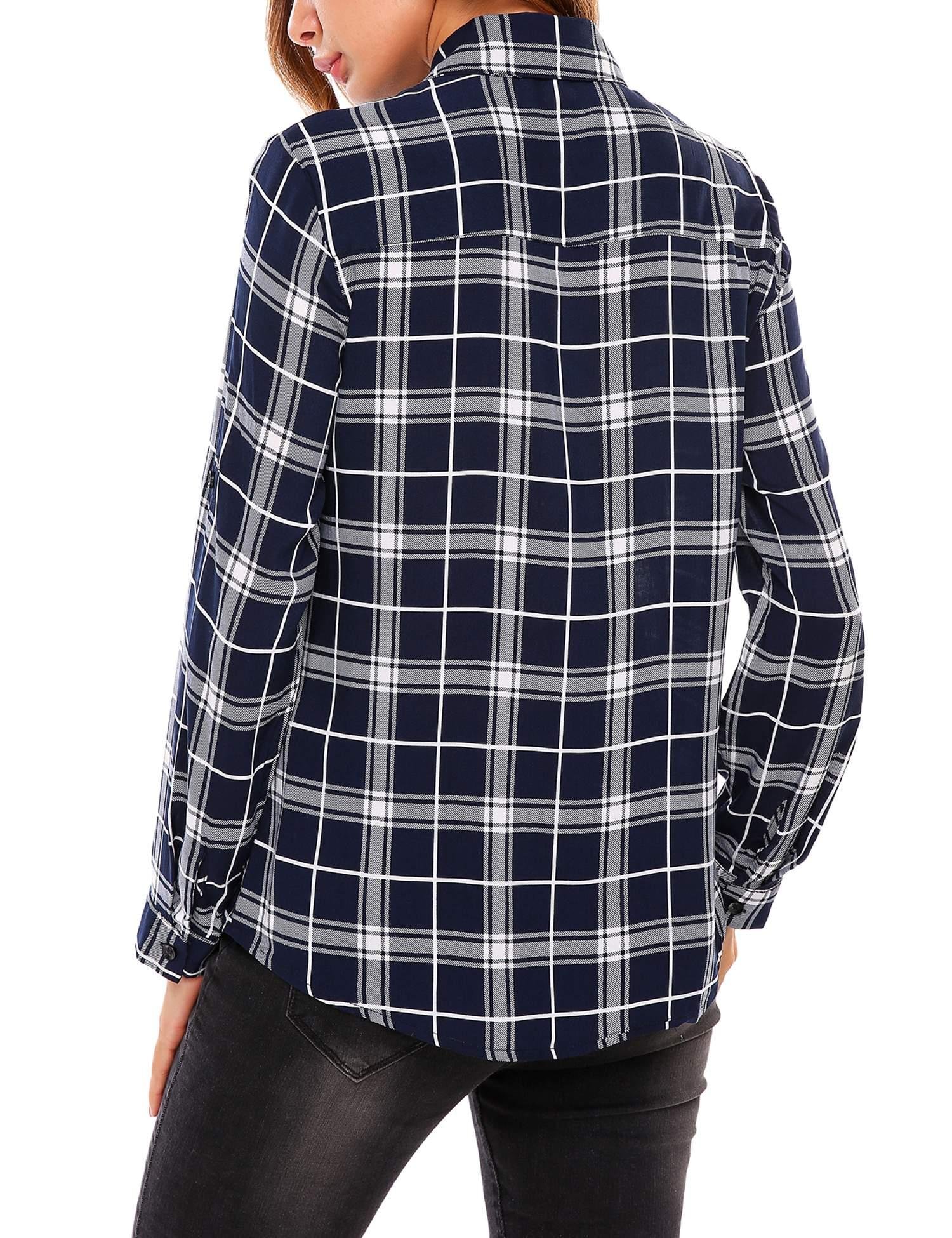 Women\'s Roll Up Sleeve Casual Loose Boyfriend Plaid Button Down Shirt SE MIU