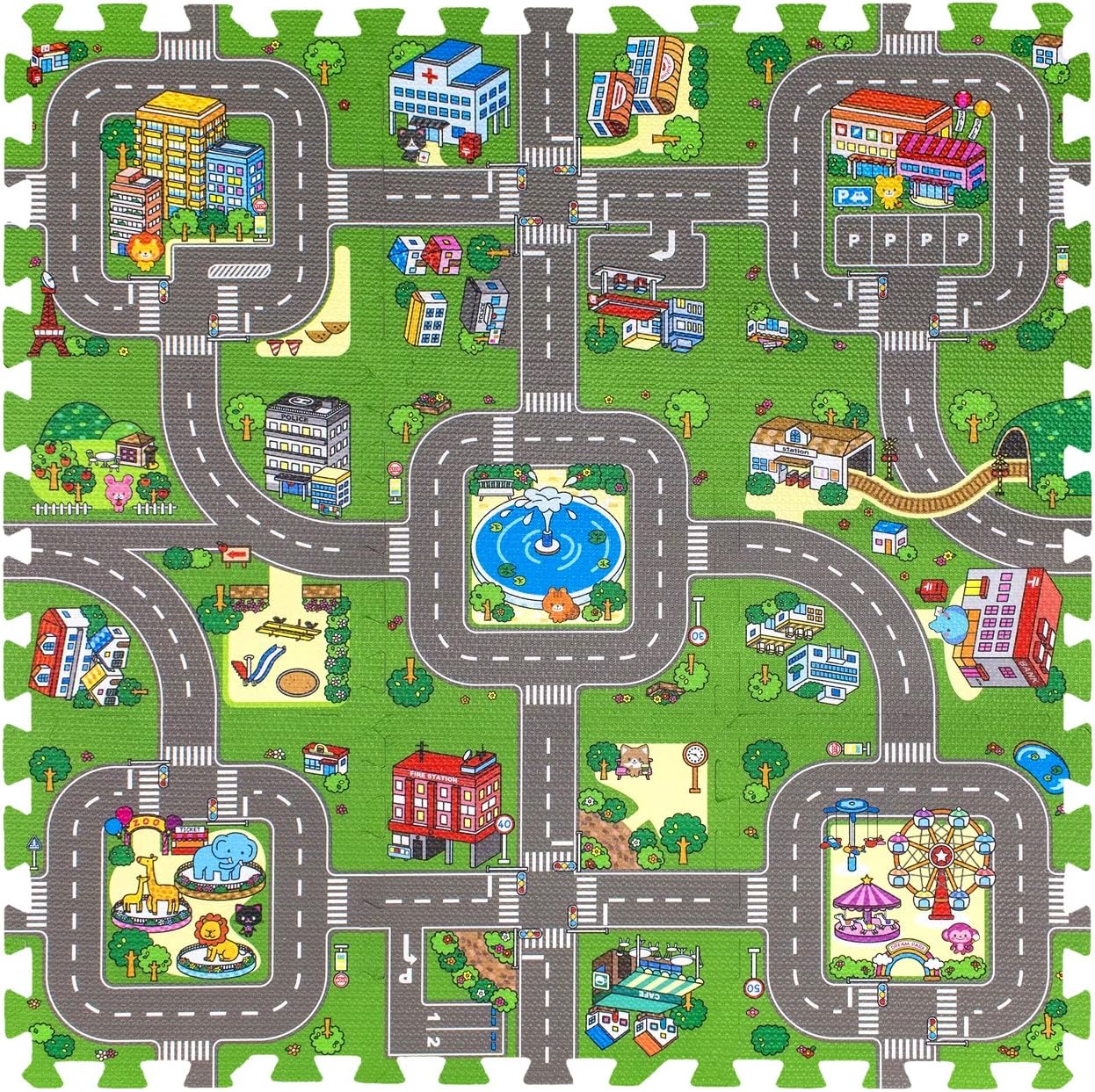 Sorbus Traffic Play mat Puzzle Foam Interlocking Tiles – Kids Road Traffic Play Rug - Children Educational Playmat Rug - Great for Playing with Toy Cars Trucks (9 Tiles with Borders): Toys & Games