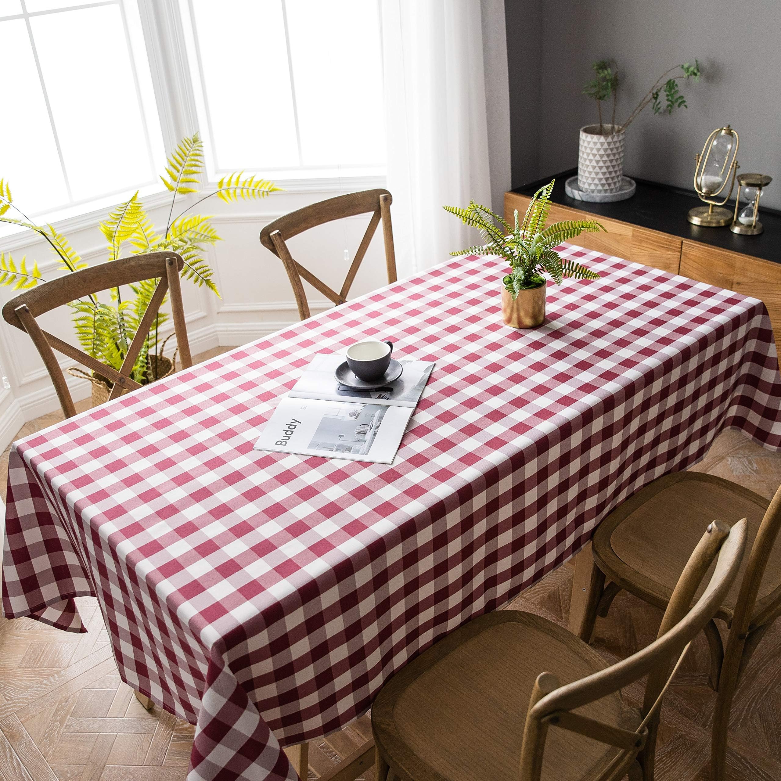 Aquazolax Red White Tablecloths for Parties/Christmas, Extra Large 10ft Long Washble Fabric Gingham Table Cloth Cover for 7/8 Foot Rectangle Tables, 60" x 120", Burgundy Red