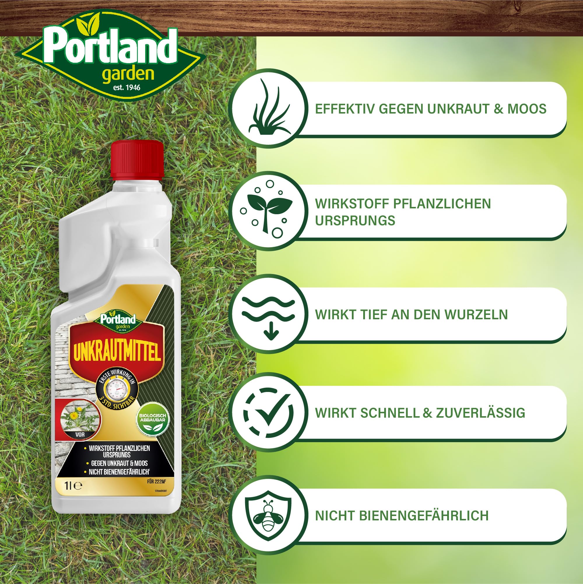 Portland Garden Moosbekämpfung 500 ml Konzentrat Unkrautvernichter ohne Glyphosat extra stark gegen Moos, Gräser, Unkraut bis zu 220 m² Flächenleistung entfernt Unkraut schnell & effektiv 2