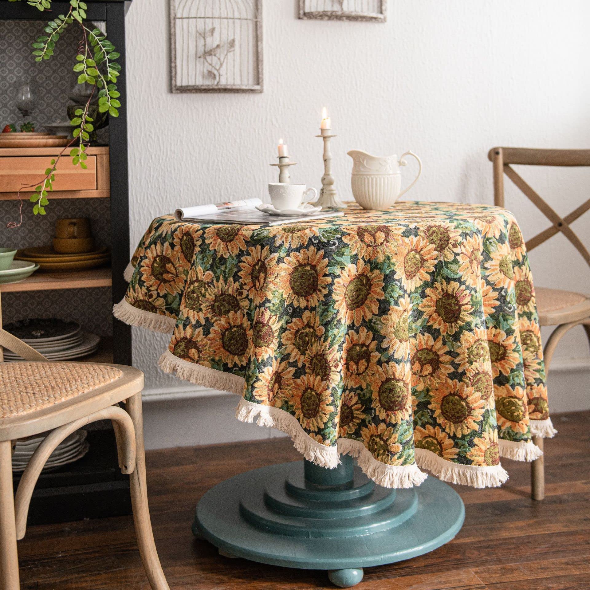 USTIDE Sunflower Jacquard Tablecloth Farmhouse Faux Linen Tablecloth Vintage Elegant Table Cover,150cm