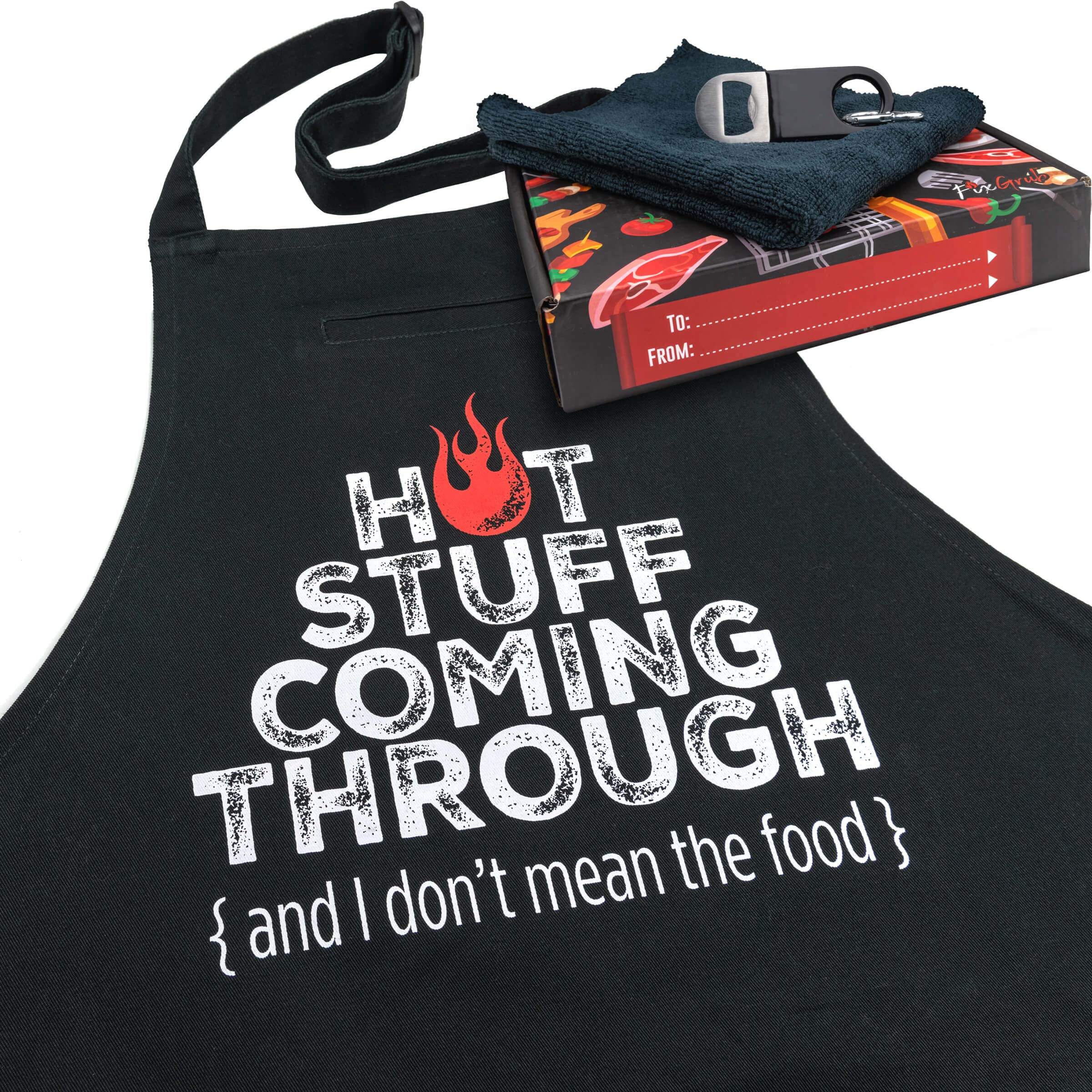 FixGrub Chef Apron for Men, Cooking Apron, Funny Apron, BBQ Apron, 3 Pockets, Bottle Opener, Towel and Gift Box Included, Black 100% Cotton Durable Professional Quality