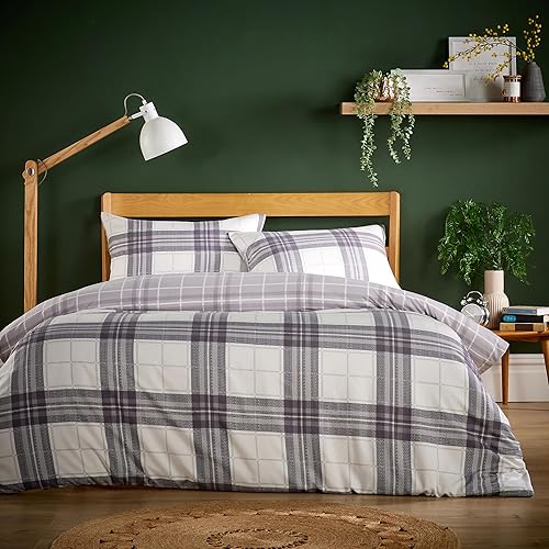Olivia Rocco Super Soft Flannel Duvet Cover Set Quilt Bedding Covers with Pillowcases Luxurious Colourful Checked Printed Design Reversible Pattern for Comfort Sleep, Alba Grey Single