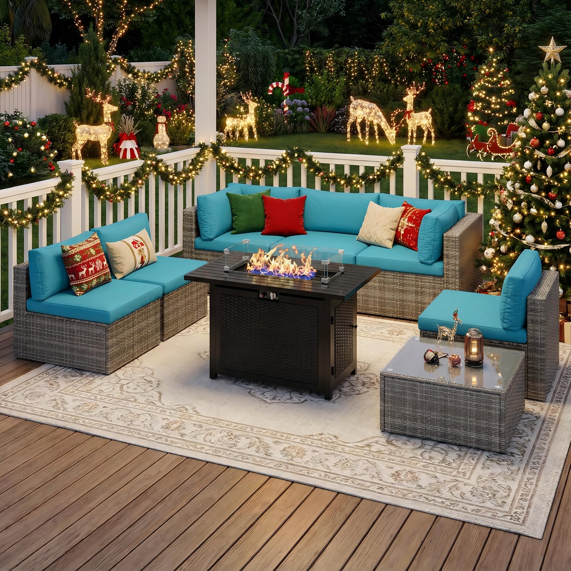 Photo 1 of *** Not complete set **** Wisteria Lane 8 Pieces Outdoor Patio Furniture Set with 43" Fire Pit Table, Wicker Outdoor Patio Sectional Sofas with Coffee Table, All-Weather Patio Conversation Set for Backyard Garden, Light Blue