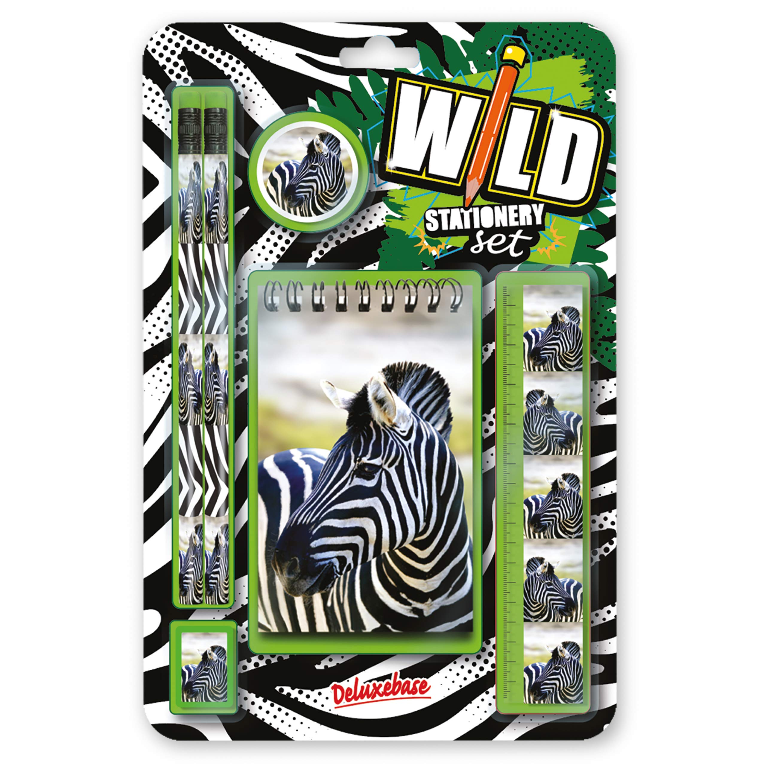 Deluxebase Wild Stationery Set – Zebra, 6 Piece School Supplies Set including Notebook, 2 Pencils, Ruler, Pencil Eraser and Sharpener, Fun Animal Stationery Gifts for Kids and Students.