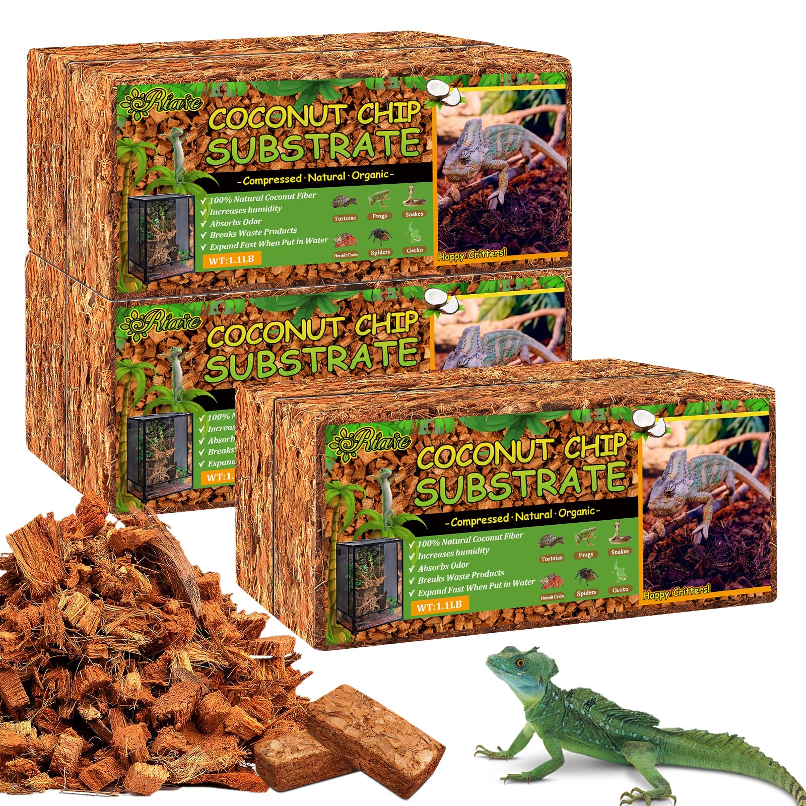 Riare Natural Coconut Chip Substrate for Reptiles- Compressed Coconut Husk Reptiles Bedding, Coco Husk Chip Terrarium Substrate for Snakes, Tortoises, Ball Python, Frogs (6 Pack)