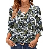 AKEWEI 3/4 Length Sleeve Womens Tops Summer Fashion V Neck Business Casual Blouses Smocked Shirts