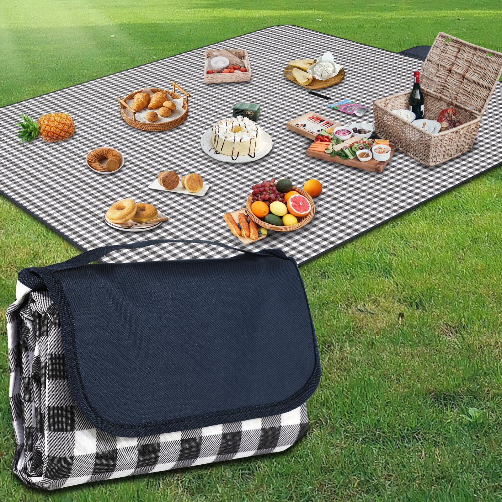 YAOMAISI Picnic Blanket,200 x 300cm Large Beach Blanket,camping Blanket,with handle,waterproof bottom,machine washable,outdoor foldable hiking blanket soft and portable (Blue Grid)