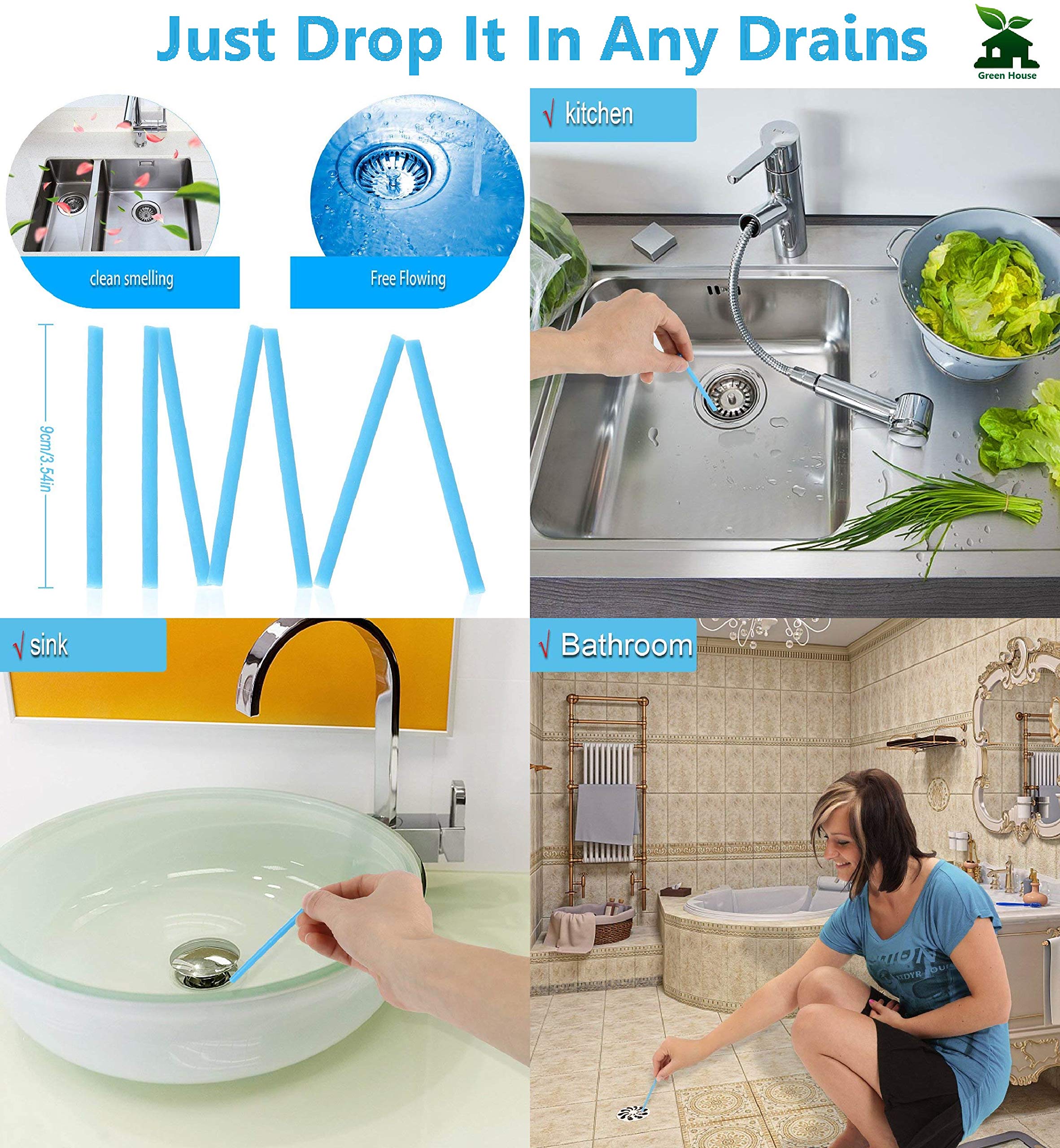 Drain Deodorizer Sticks Drain Sticks Drain Cleaner Sticks Drain Stix Original Blue Unscented Non-Toxic for Kitchen Bathroom Sinks Septic Tank Safe As Seen On TV 24 Pcs