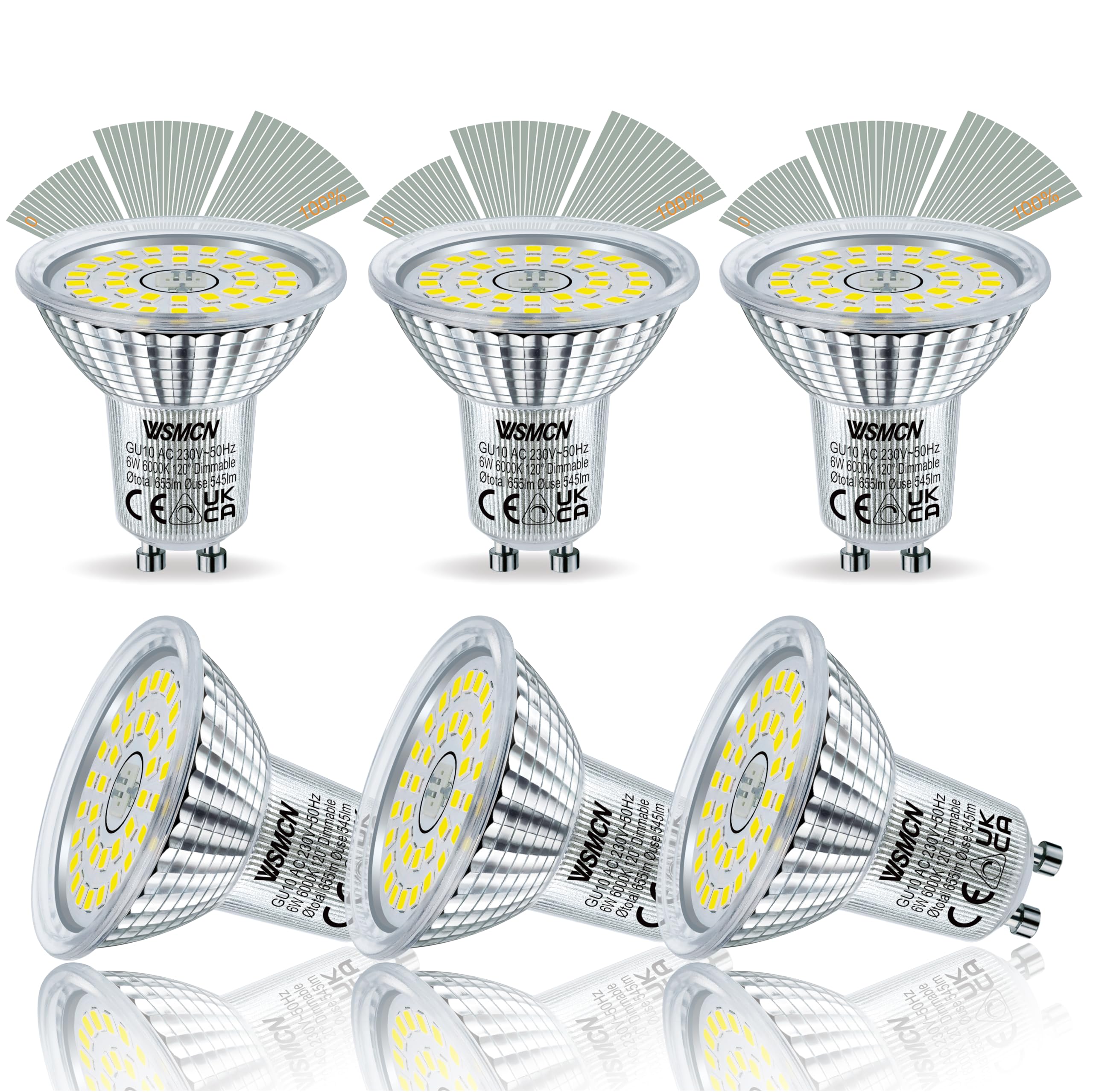 WSMCN GU10 LED Bulbs Dimmable 6W, Cool White 6000K 655LM, 75W Halogen Spotlight Bulb Equivalent, PAR16 Reflector Light Bulb, 120° Beam Angle, Flicker-Free Spotlight, Pack of 6 — image 1