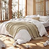 Bedsure 5 Pieces Cotton Comforter Set with Cotton Waffle Throw Blanket - White Comforter Full Size, Pillow Shams, Taupe Cooling Blanket of Rayon Derived from Bamboo for Hot Sleepers, Throw Pillow