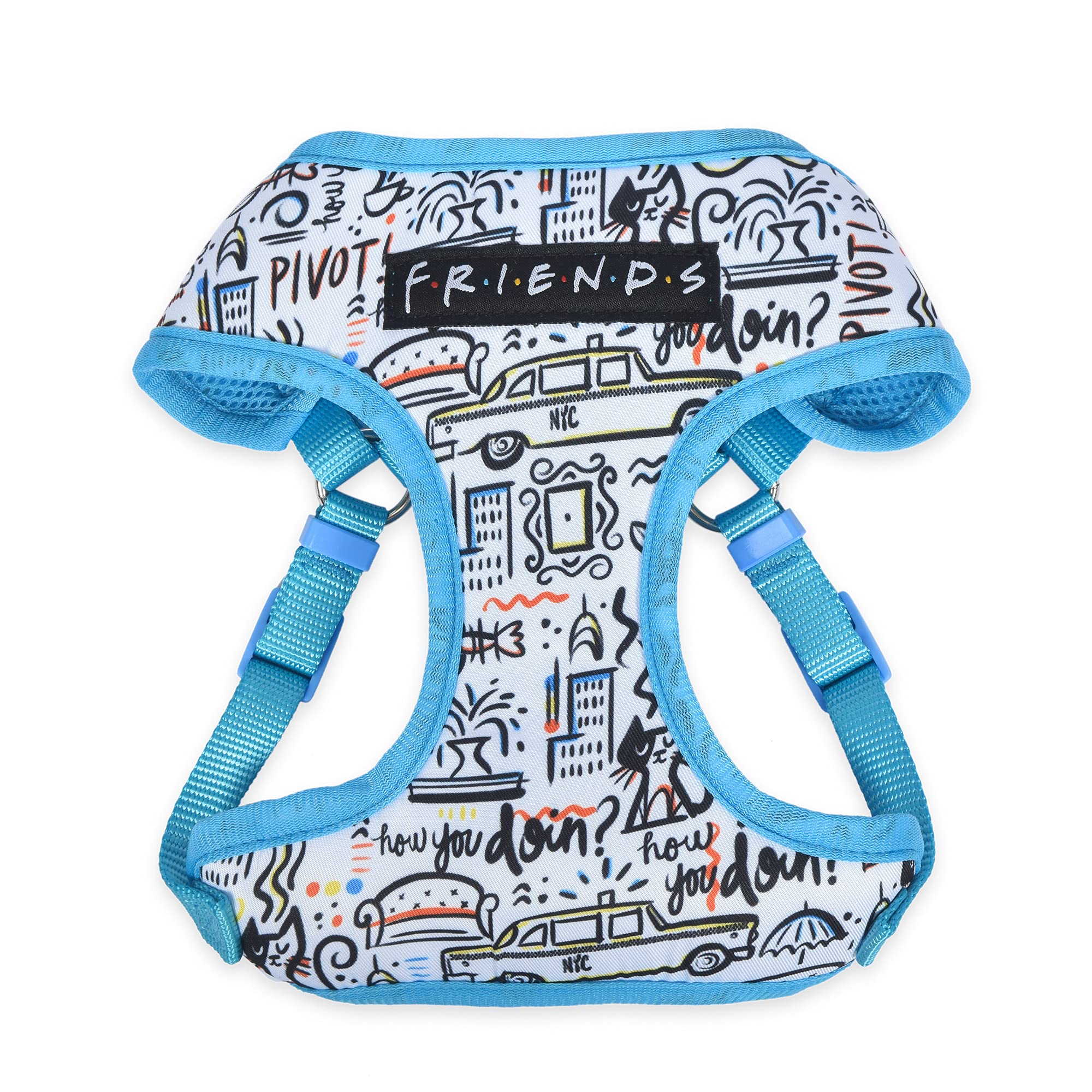 Friends TV Show City Doodle Dog Harness for Medium Dogs, Medium (M) | Blue Medium Dog Harness, No Pull Dog Harness with D-Ring | Machine Washable Friends Merch for Dogs from Friends TV Show
