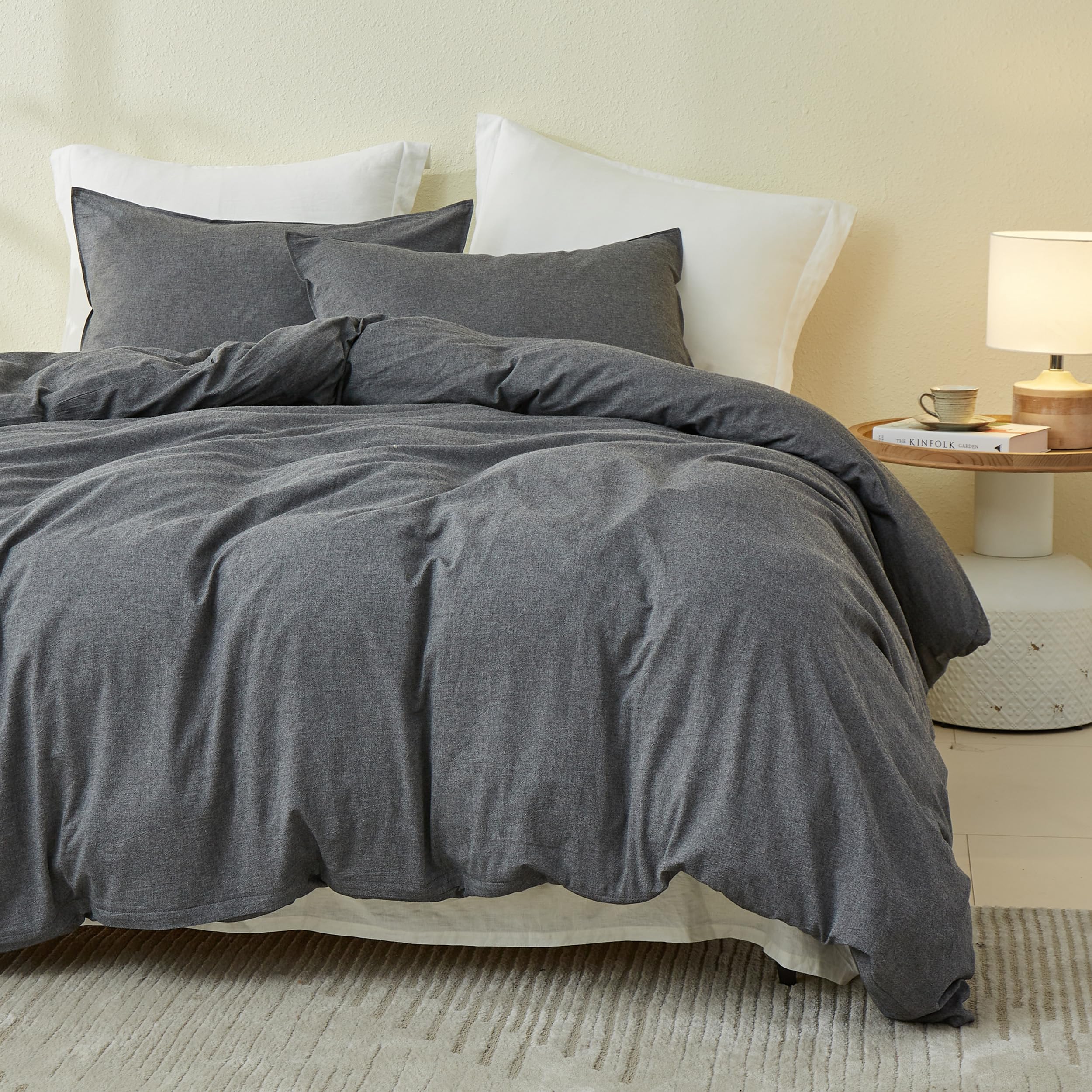 Simple&Opulence Double Duvet Cover Sets, 100% Washed Cotton Soft Cozy Quilt Cover, 3 Pcs Modern Linen-Look Bedding Set with Zipper Closure (Dark Grey,200x200cm)