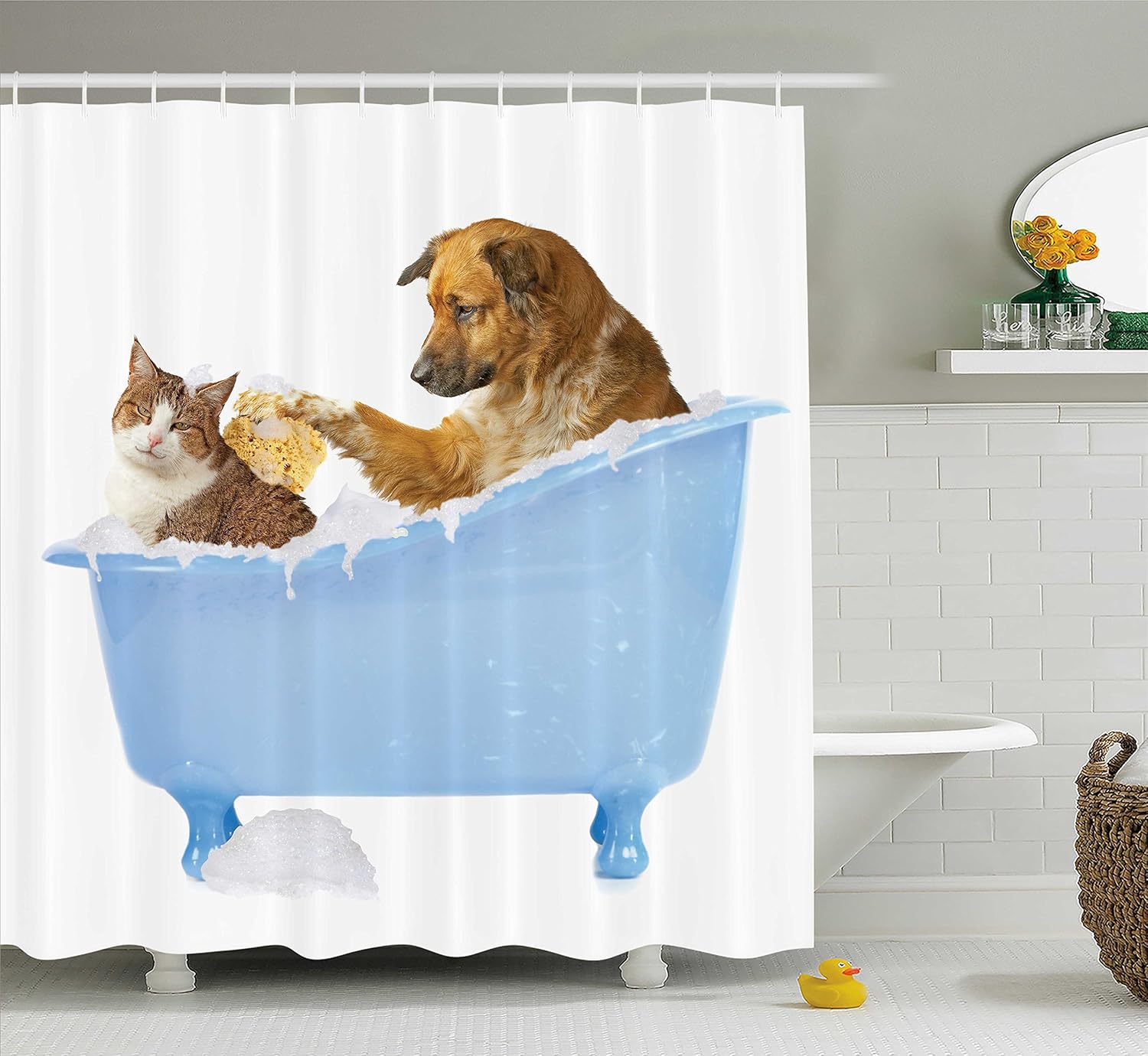 Ambesonne Cat Shower Curtain, Dog Kitty in The Bathtub Together Bubbles Shampooing Having Shower Fun Print, Cloth Fabric Bathroom Decor Set with Hooks, 70" Long, White Blue