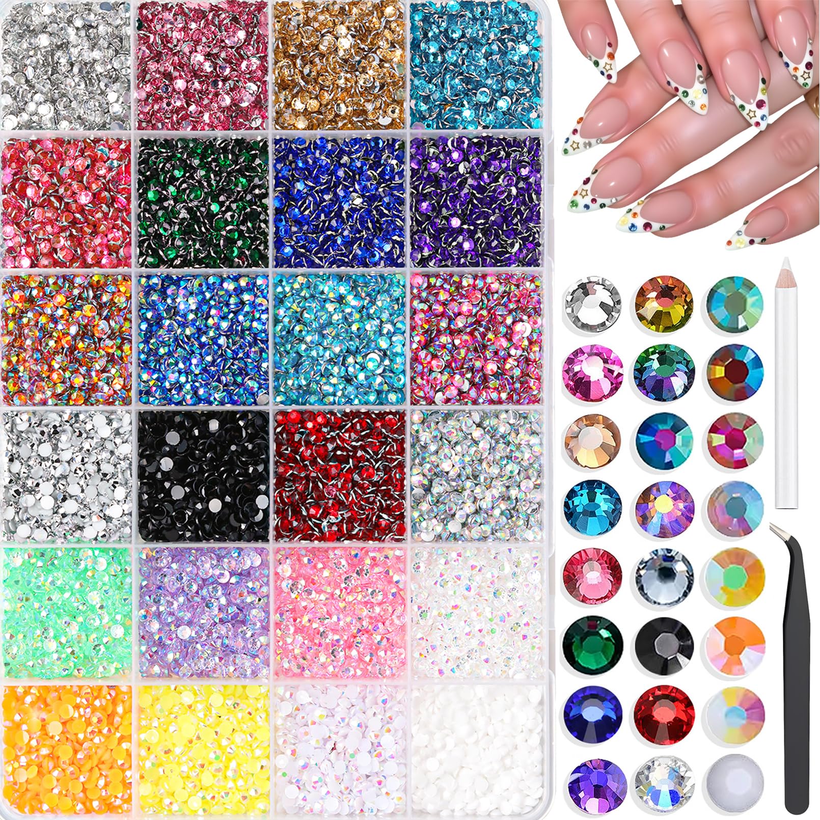 Photo 1 of 33000pcs Resin Jelly Rhinestones Kit 24 Color 3mm Round Nail Flatback Bedazzling Rhinestones with Pickup Tool Multicolor Nail Gem Diamonds Crystals for DIY Arts Crafts Clothing Decor