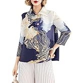 LAI MENG FIVE CATS Women's Casual Collared Neck Print Button Up Loose Blouse Elasticity Tops