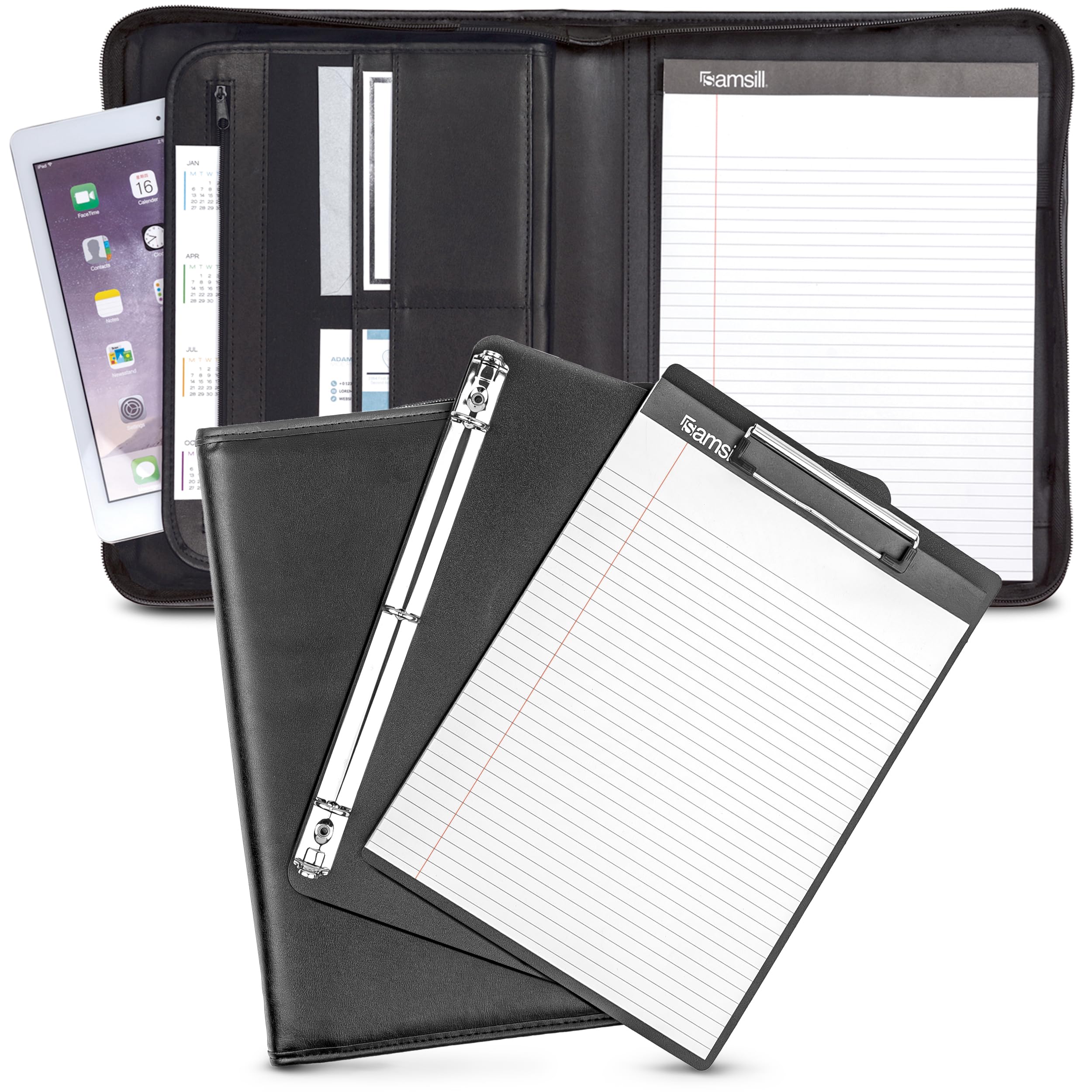 Samsill Professional Padfolio Bundle, Includes Removable Clipboard, 0.5-Inch Round Ring Binder with Secure Zippered Closure and 10.1 Inch Tablet Sleeve, Black, Full Size (70829)