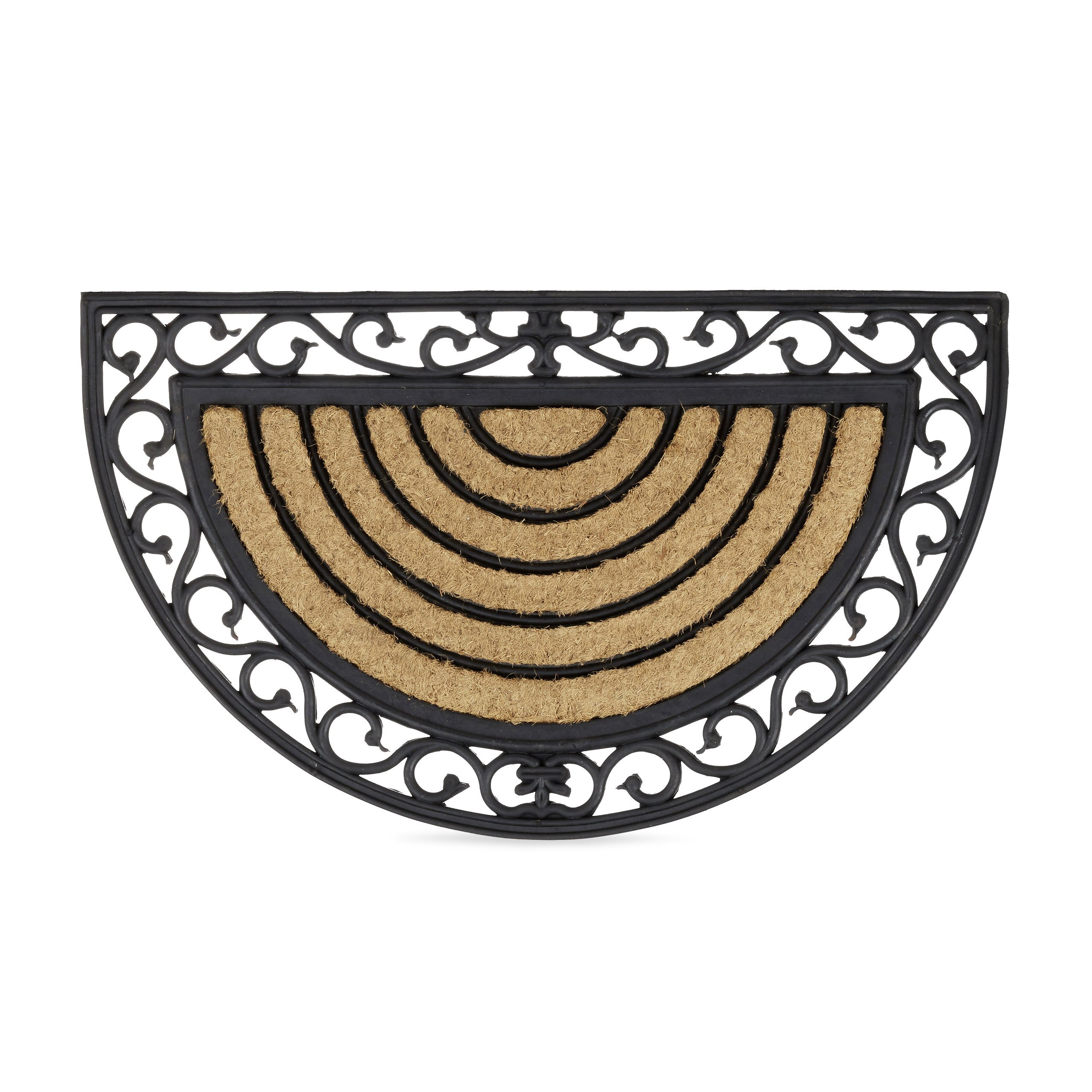 Relaxdays Coir Doormat Semi-Circle Rubber Floor Mat with Stripes and Floral Pattern, Weather-Proof Welcome Mat Anti-Slip for all Floor Types with Cast Iron-Look, Brown / Black