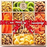NUT CRAVINGS - Purim Mishloach Manot Dried Fruit & Mixed Nuts Gift Basket in Reusable Wooden Tray + Ribbon (12 Assortments) Food Arrangement, Healthy Snack Care Package, Kosher