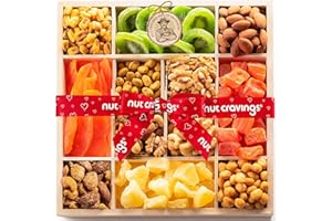 NUT CRAVINGS - Valentines Dried Fruit & Mixed Nuts Gift Basket in Reusable Wooden Tray + Ribbon (12 Assortments) Xmas Treats for Adults, Food Arrangement, Healthy Snack Care Package, Kosher
