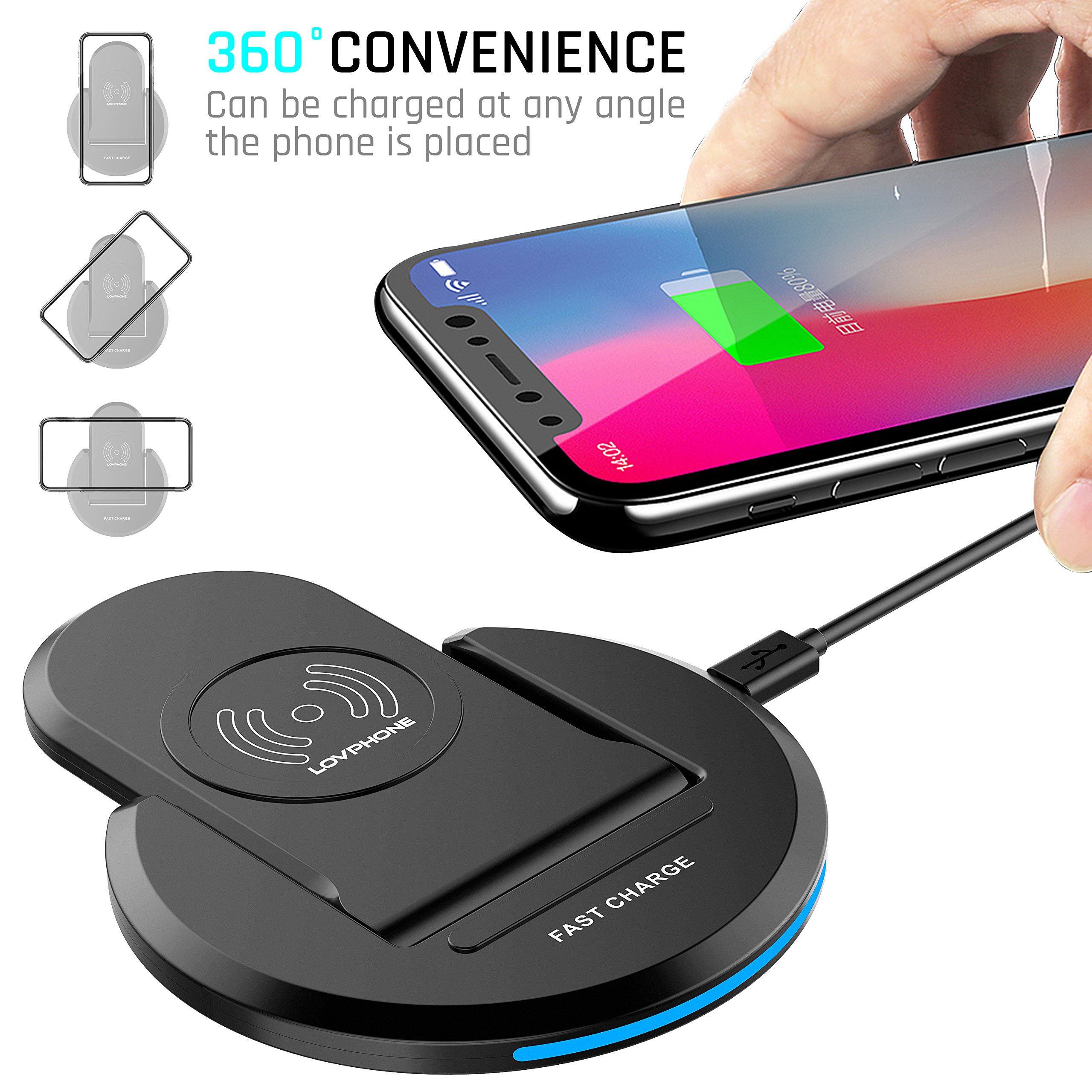 Fast Wireless Charger, QI Wireless Charging Pad Stand with LED Light, Overheat Protection