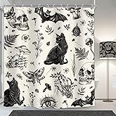Homewelle Gothic Skull Shower Curtain Black Moth Cat Bat Goth Witchy Vintage Mushroom Floral Flowers Plants Leaves 60Wx72H Inch Retro Animals Cool Waterproof Polyester Fabric Bathroom Bathtub