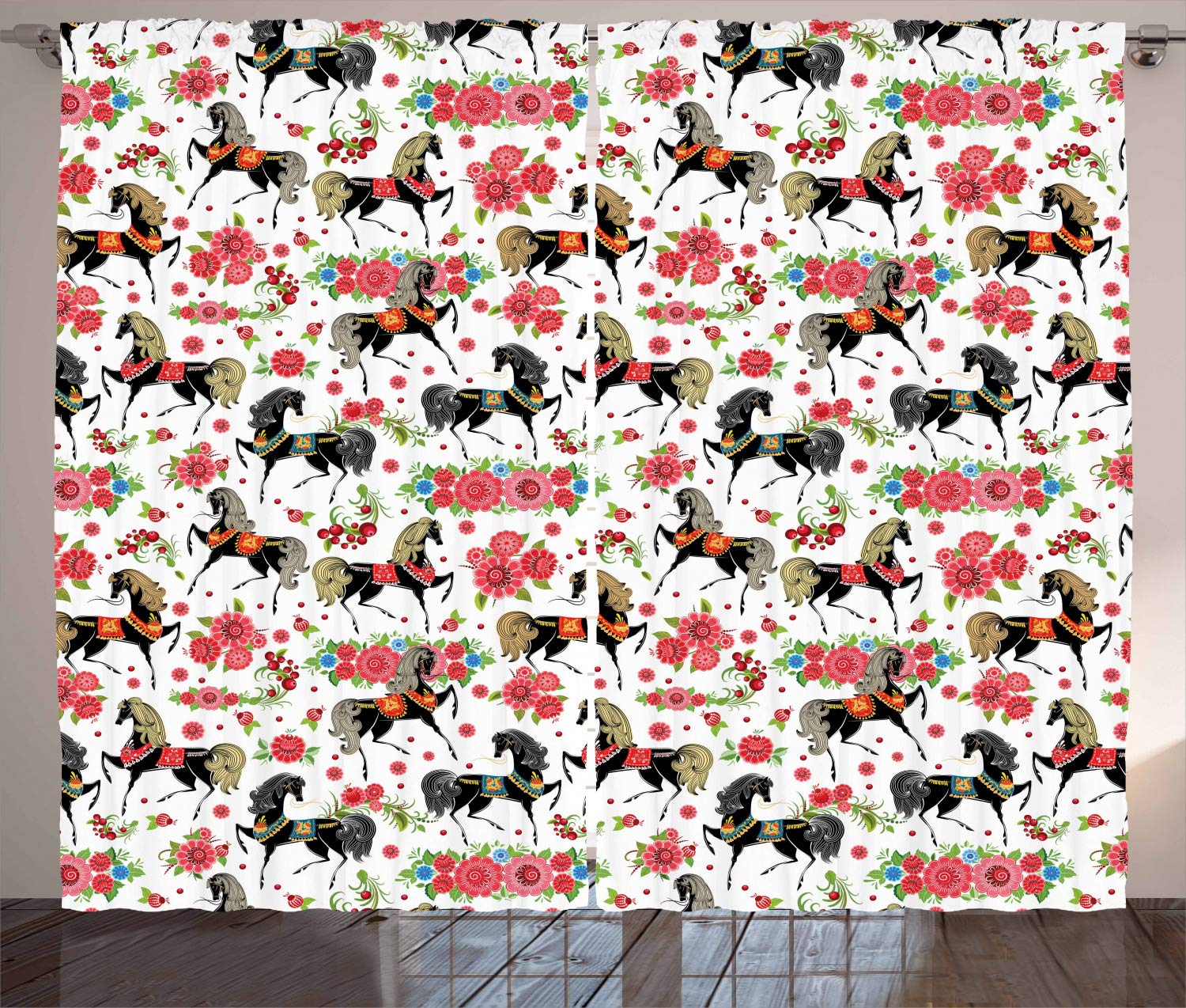 ABAKUHAUS Horses Curtains, Abstract Floral Arrangement and Dapple Stallions Vintage Animal Silhouettes, Living Room Bedroom Window Drapes 2 Panel Set, 69 L X 110 W, Multicolor